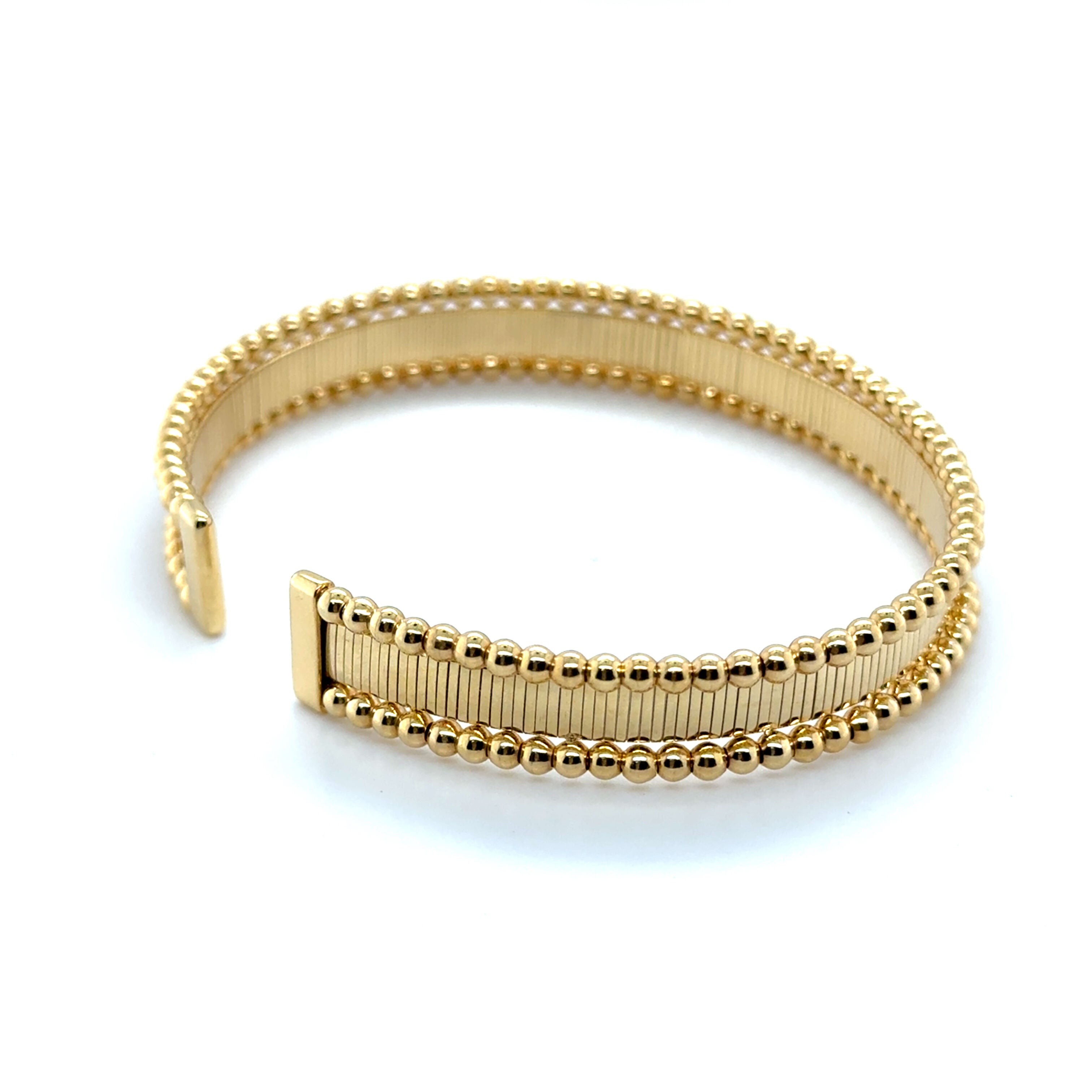14K Gold Ribbed Cuff Bangle with Beaded Edge: Bold & Elegant