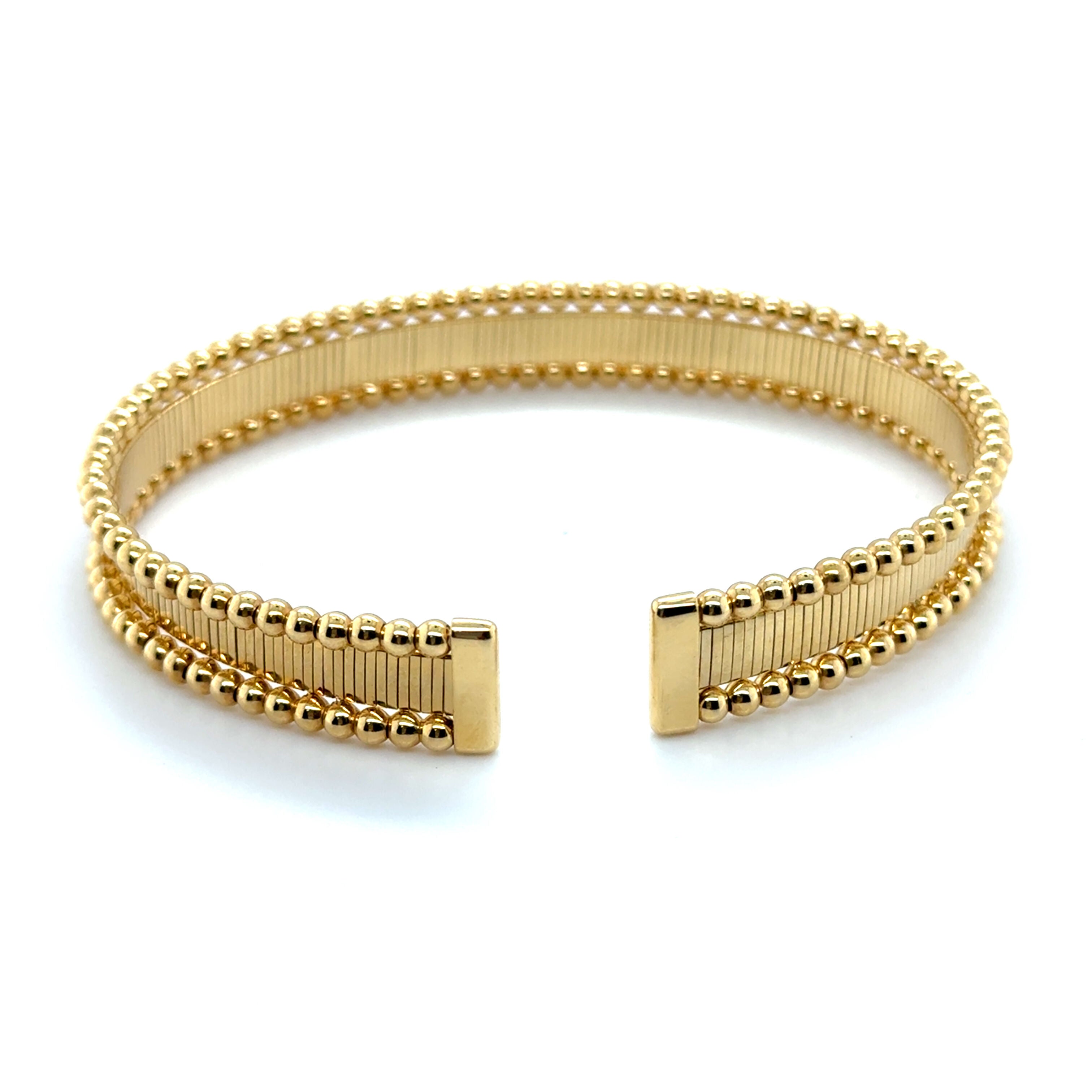 14K Gold Ribbed Cuff Bangle with Beaded Edge: Bold & Elegant