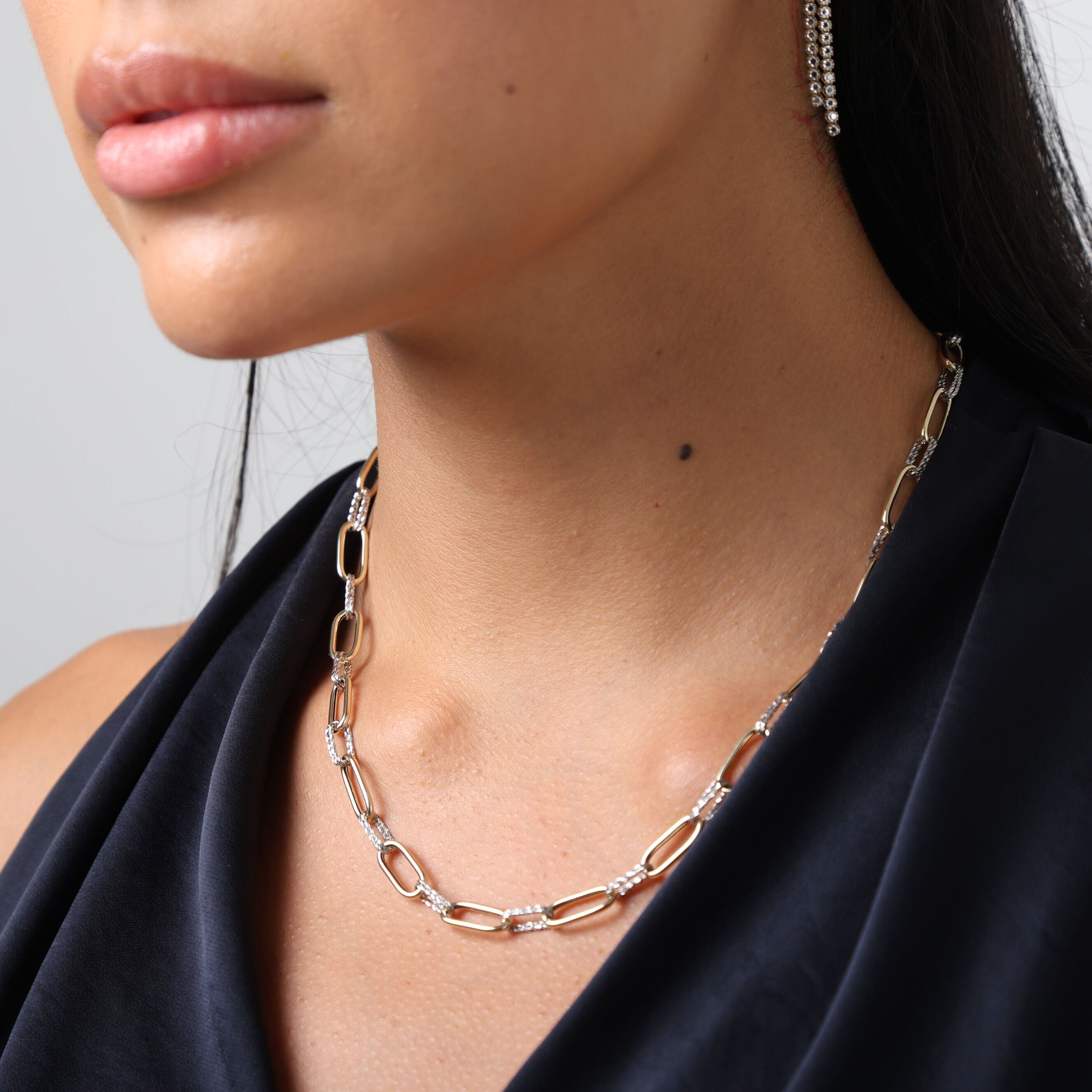 14K Two Tone Gold Sparkle Paperclip Necklace: 18" Polished & Textured Links, Made In Italy