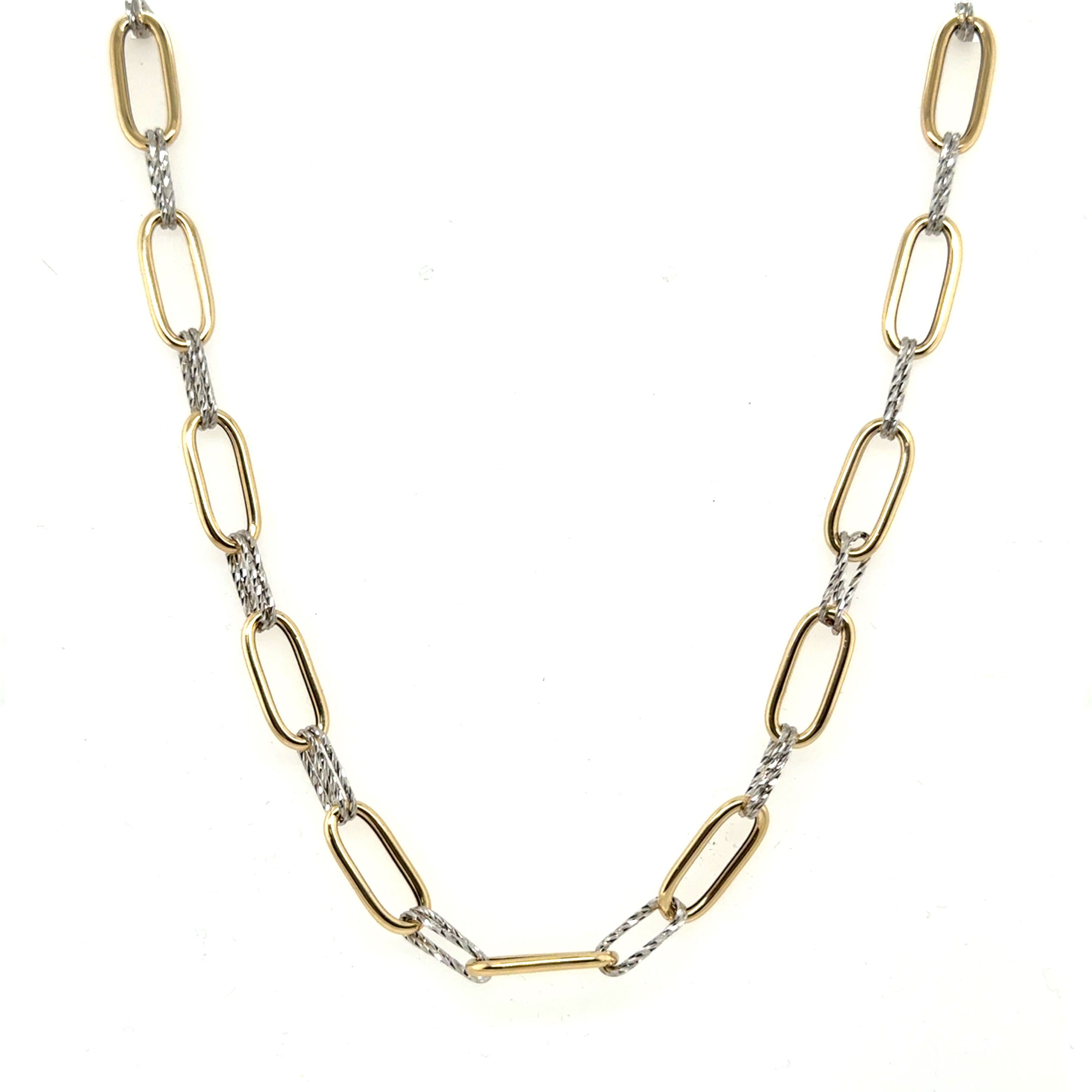 14K Two Tone Gold Sparkle Paperclip Necklace: 18" Polished & Textured Links