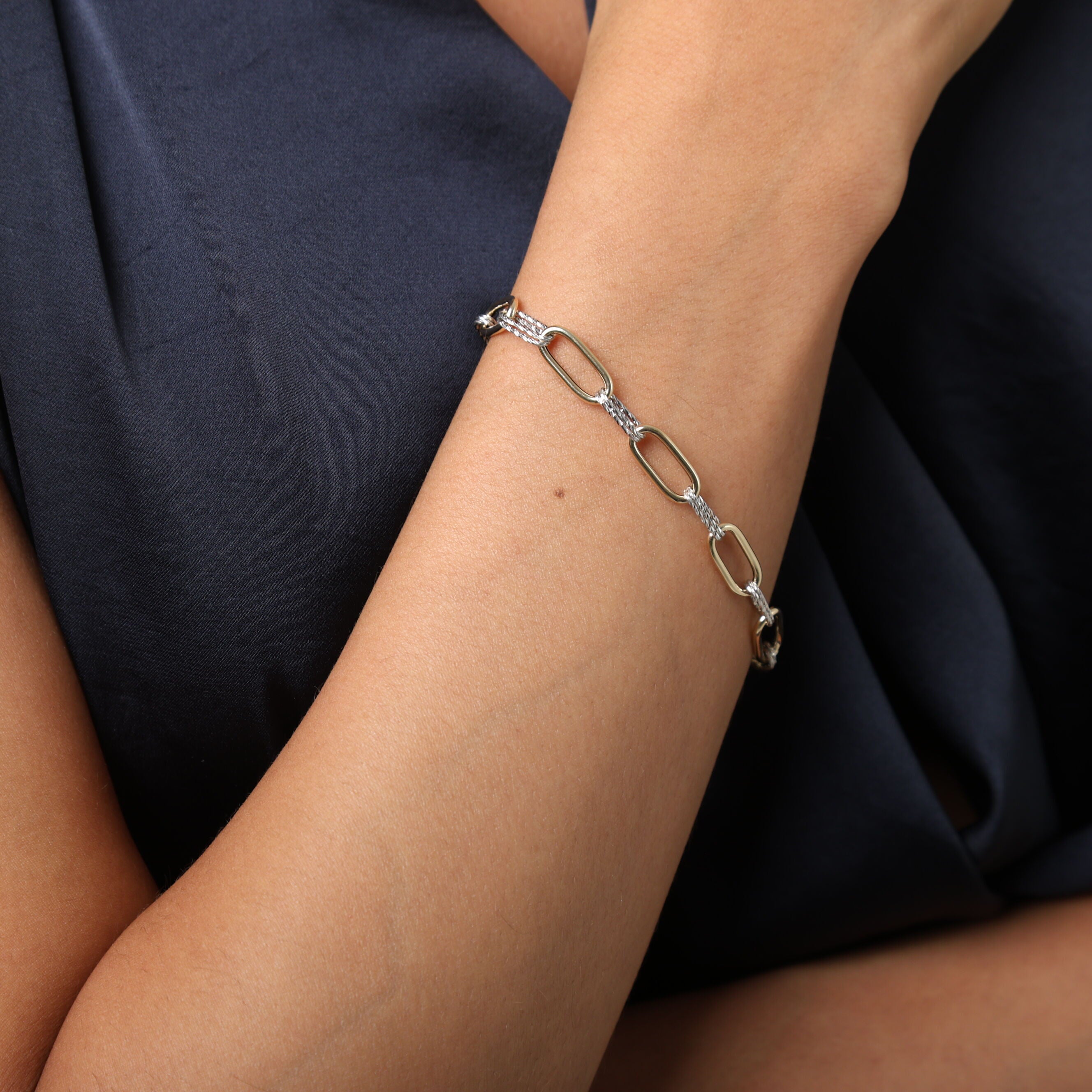 14K Two Tone Gold Sparkle Oval Link Bracelet: Polished & Textured Links 7.5"