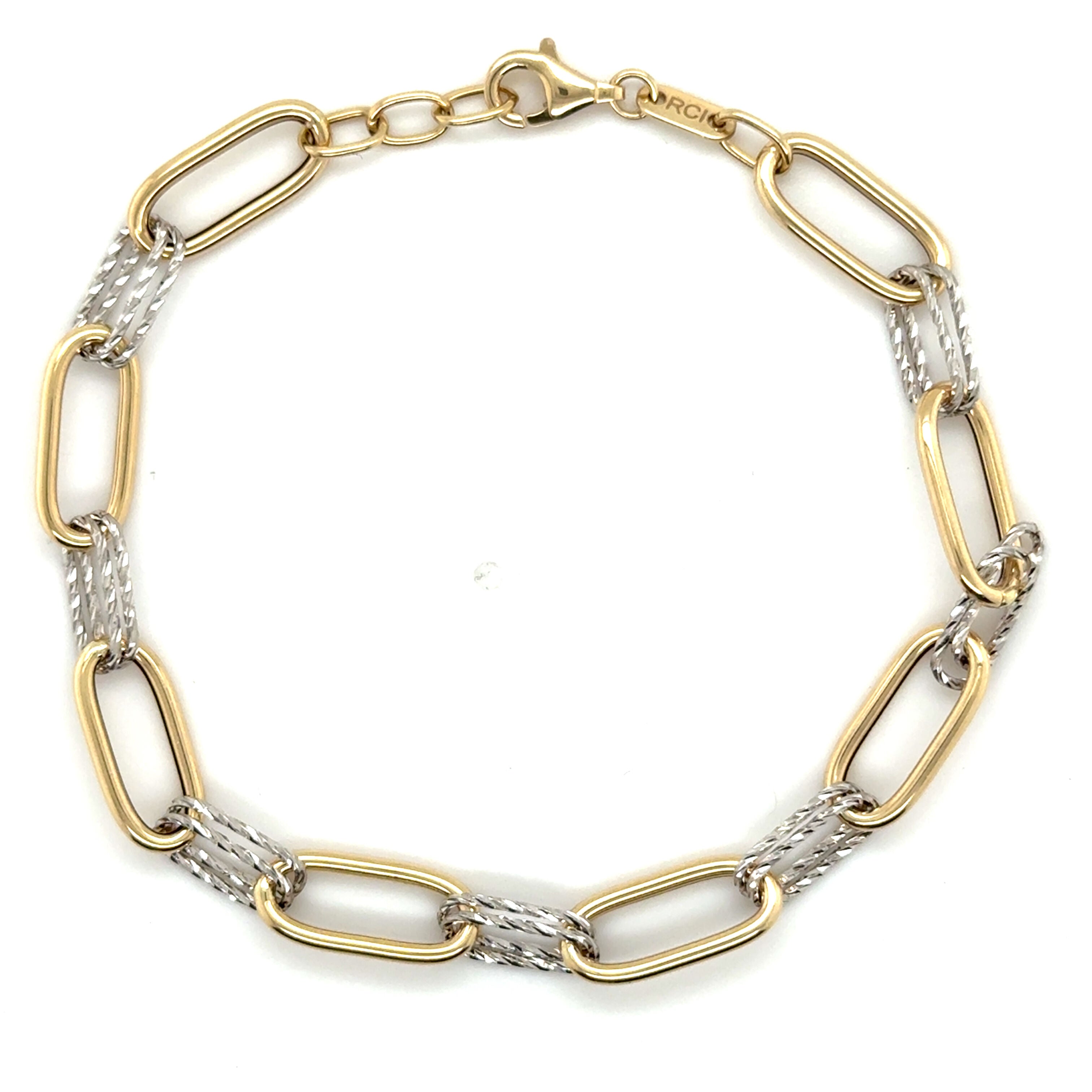 14K Two Tone Gold Sparkle Paperclip Bracelet: Polished & Textured Links 7.5"