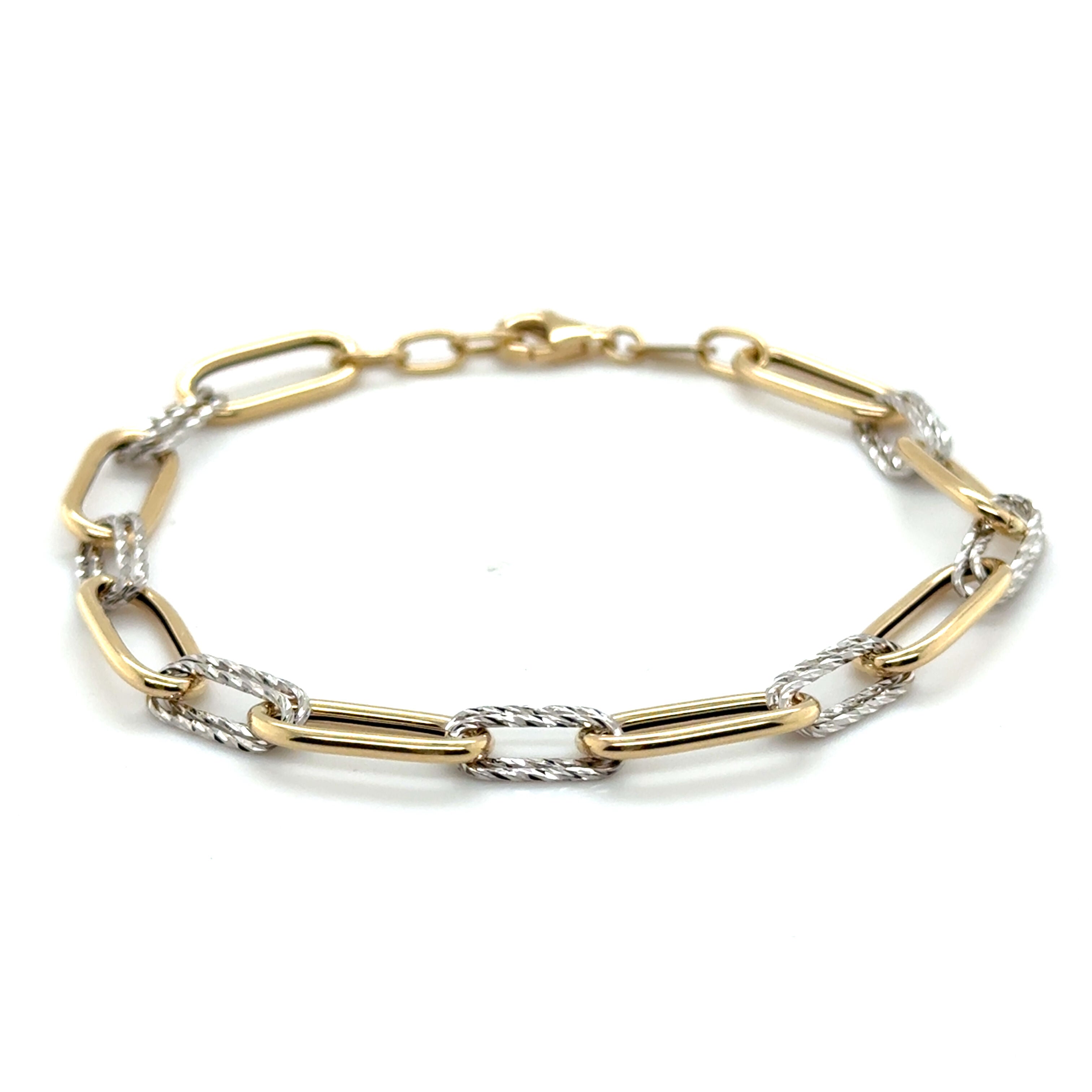 14K Two Tone Gold Sparkle Oval Link Bracelet: Polished & Textured Links 7.5"
