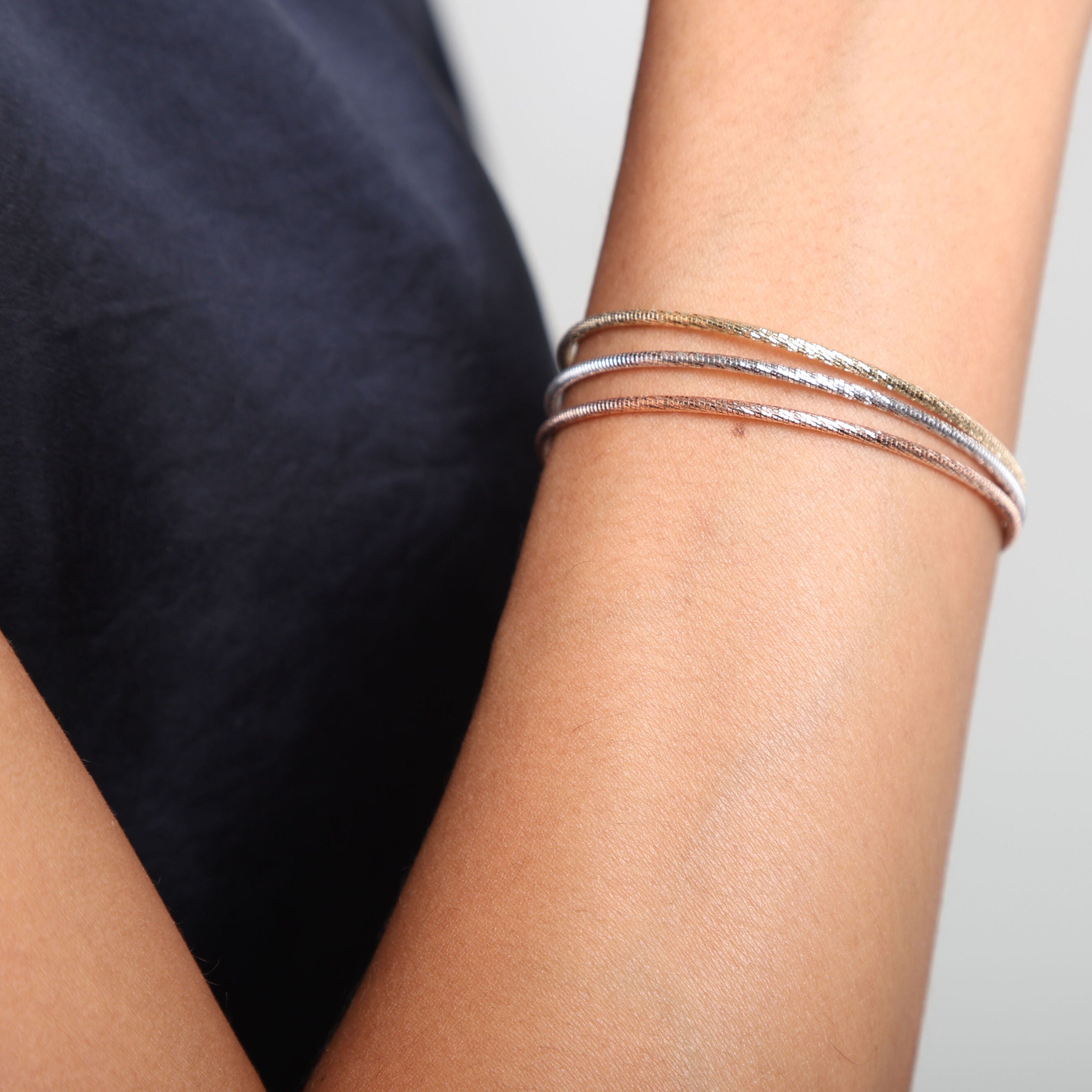 14K Gold Diamond Cut Sparkle Bangle Bracelet: Stackable - 7" Adjustable, Yellow, White or Rose Gold