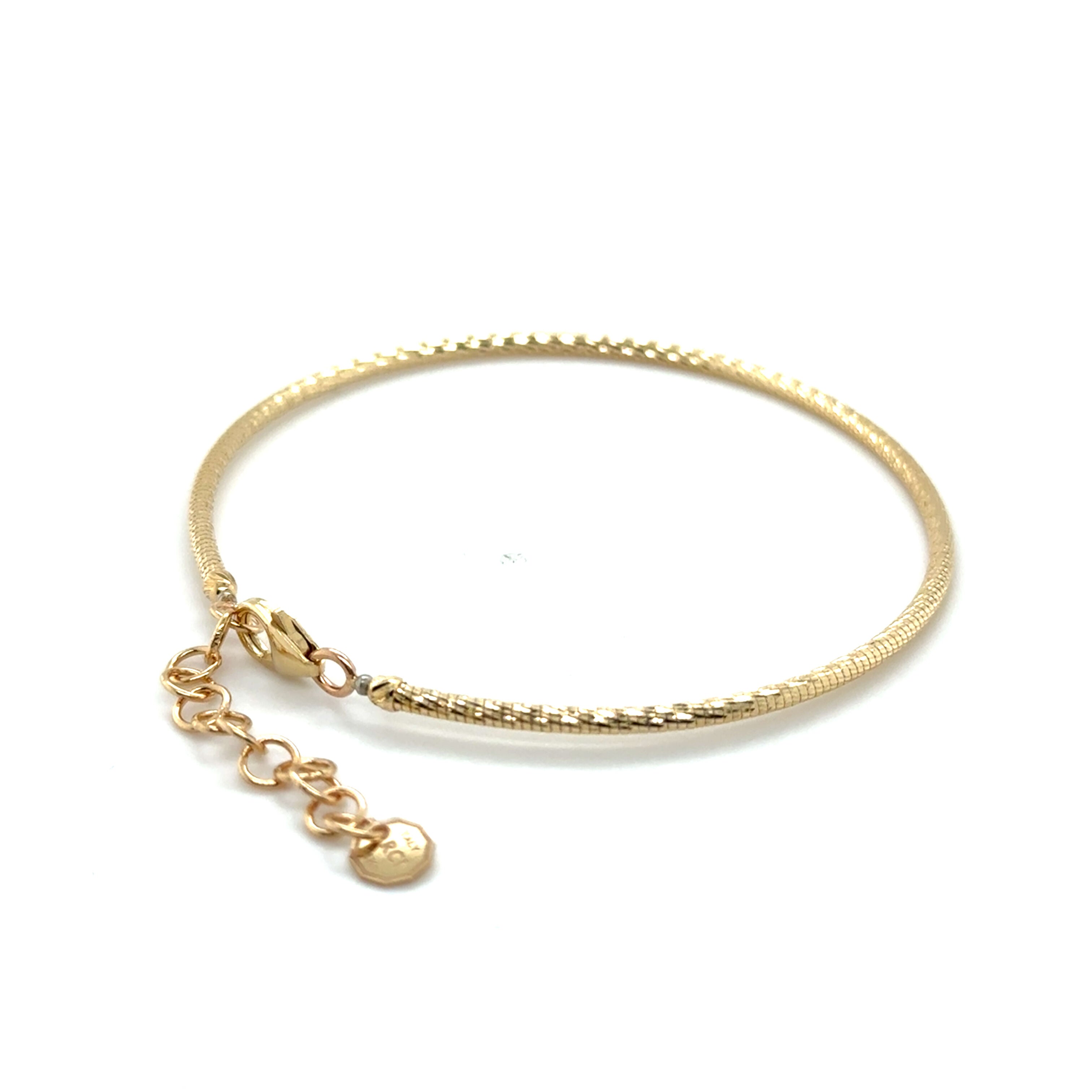 14K Gold Diamond Cut Sparkle Bangle Bracelet: Stackable - 7" Adjustable, Yellow, White or Rose Gold