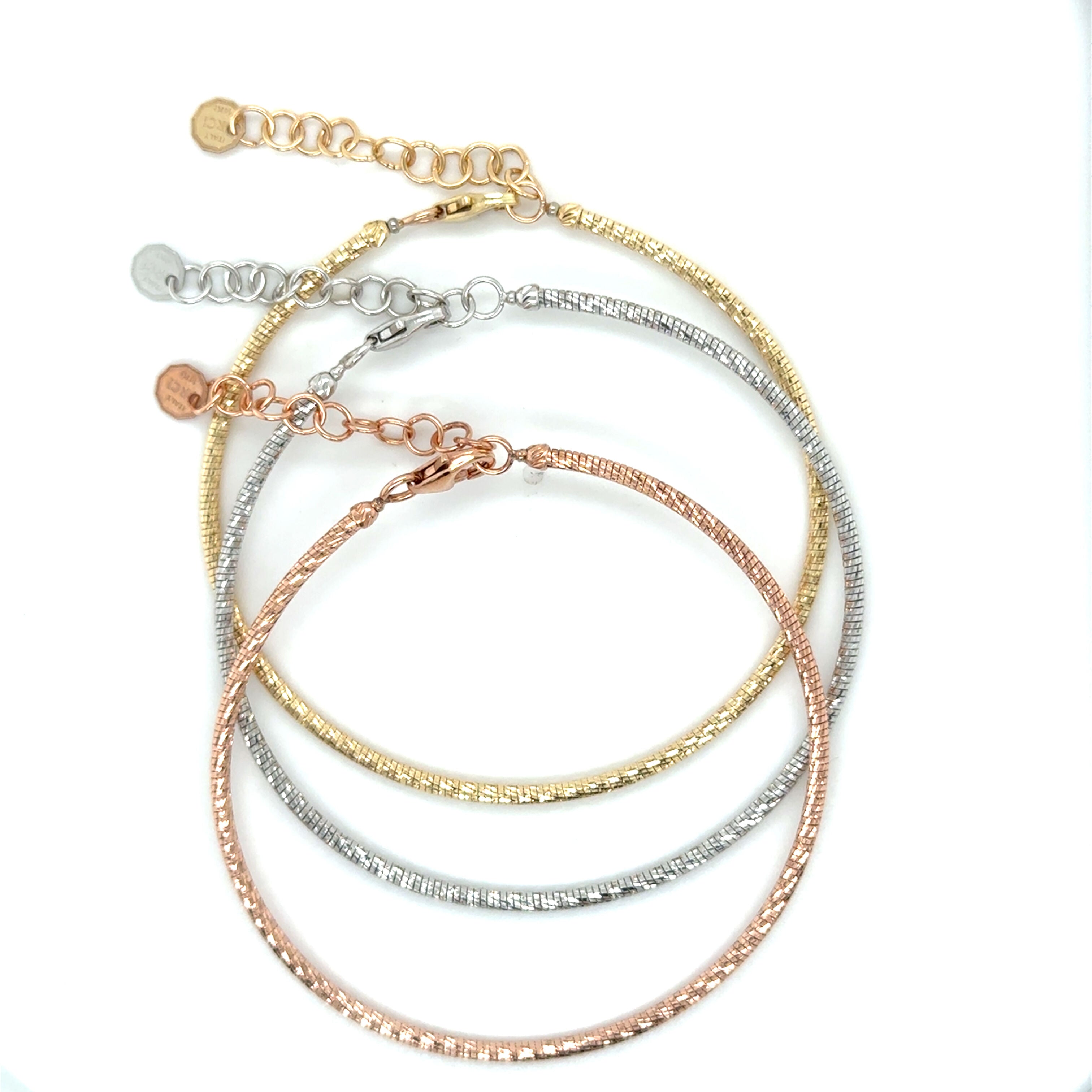 14K Gold Diamond Cut Sparkle Bangle Bracelet: Stackable - 7" Adjustable, Yellow, White or Rose Gold