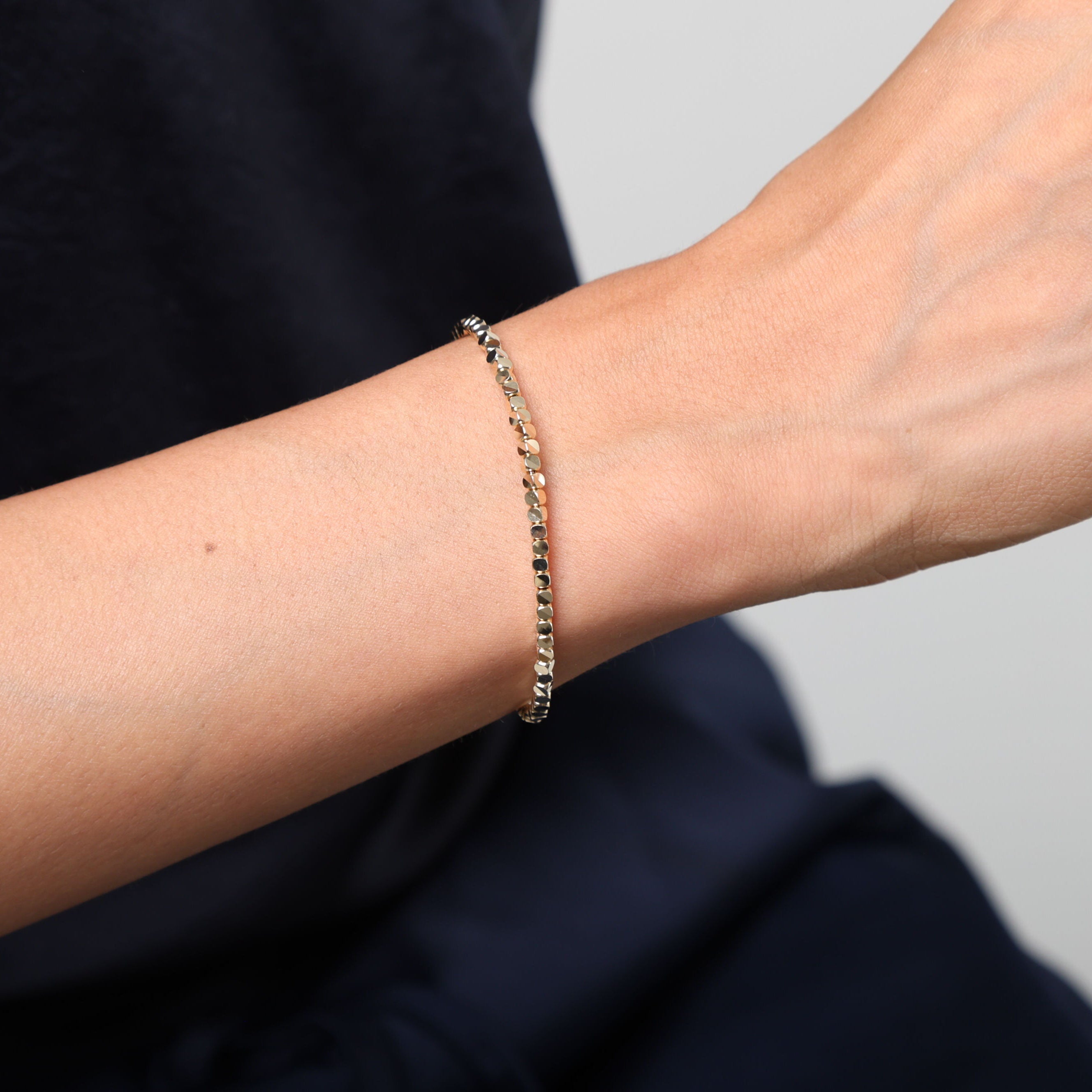 14K Yellow Gold Cube Link Bracelet, 6.75"