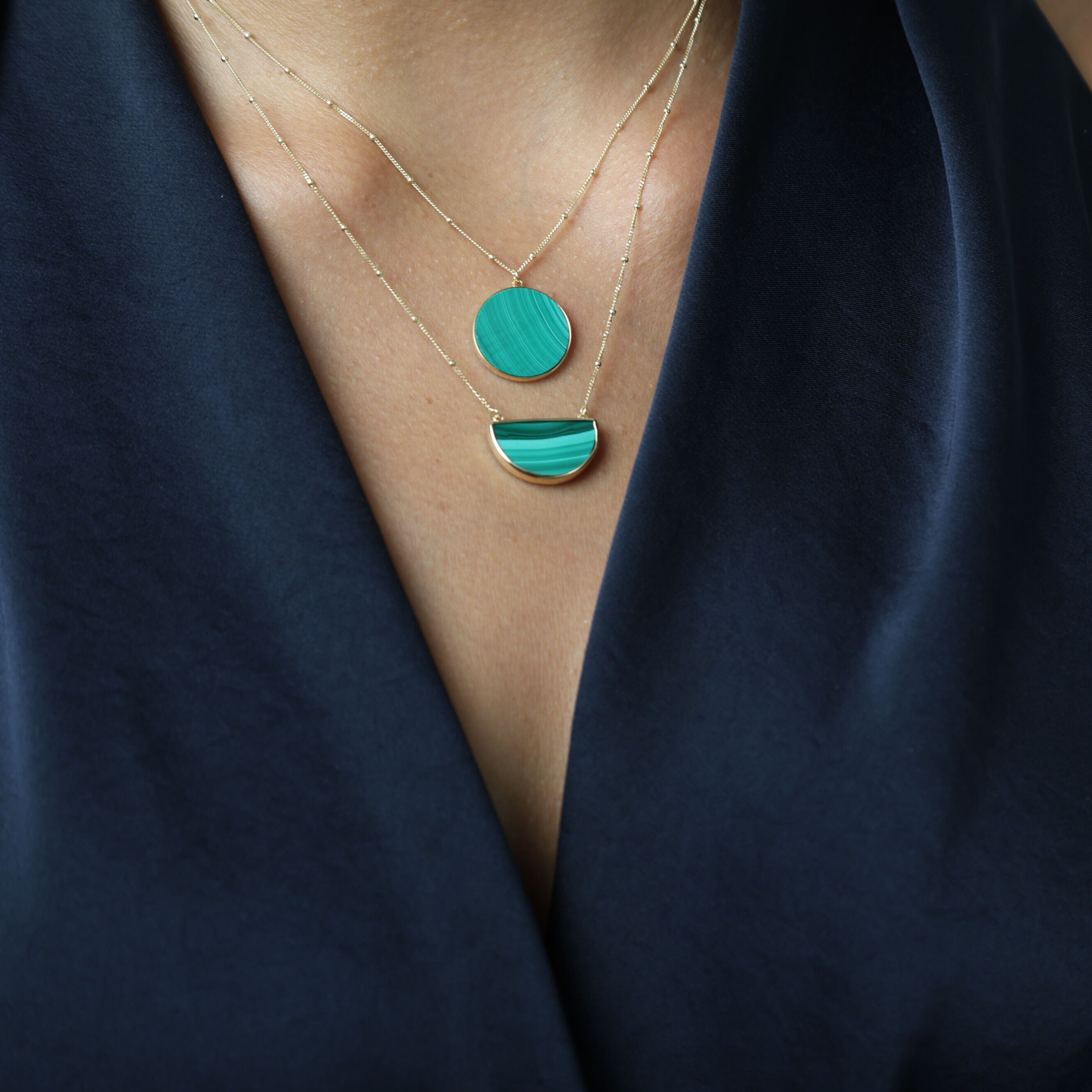 14K Gold Malachite Half Moon Pendant Necklace
