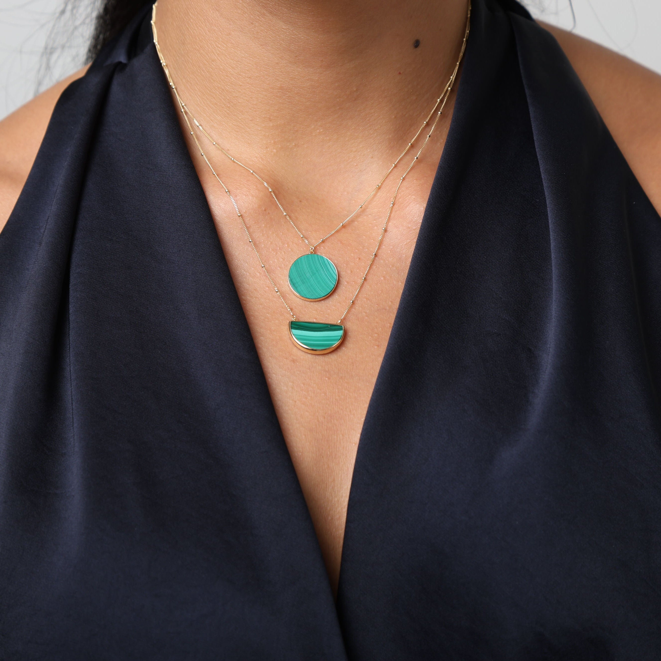 14K Gold Malachite Half Moon Pendant Necklace