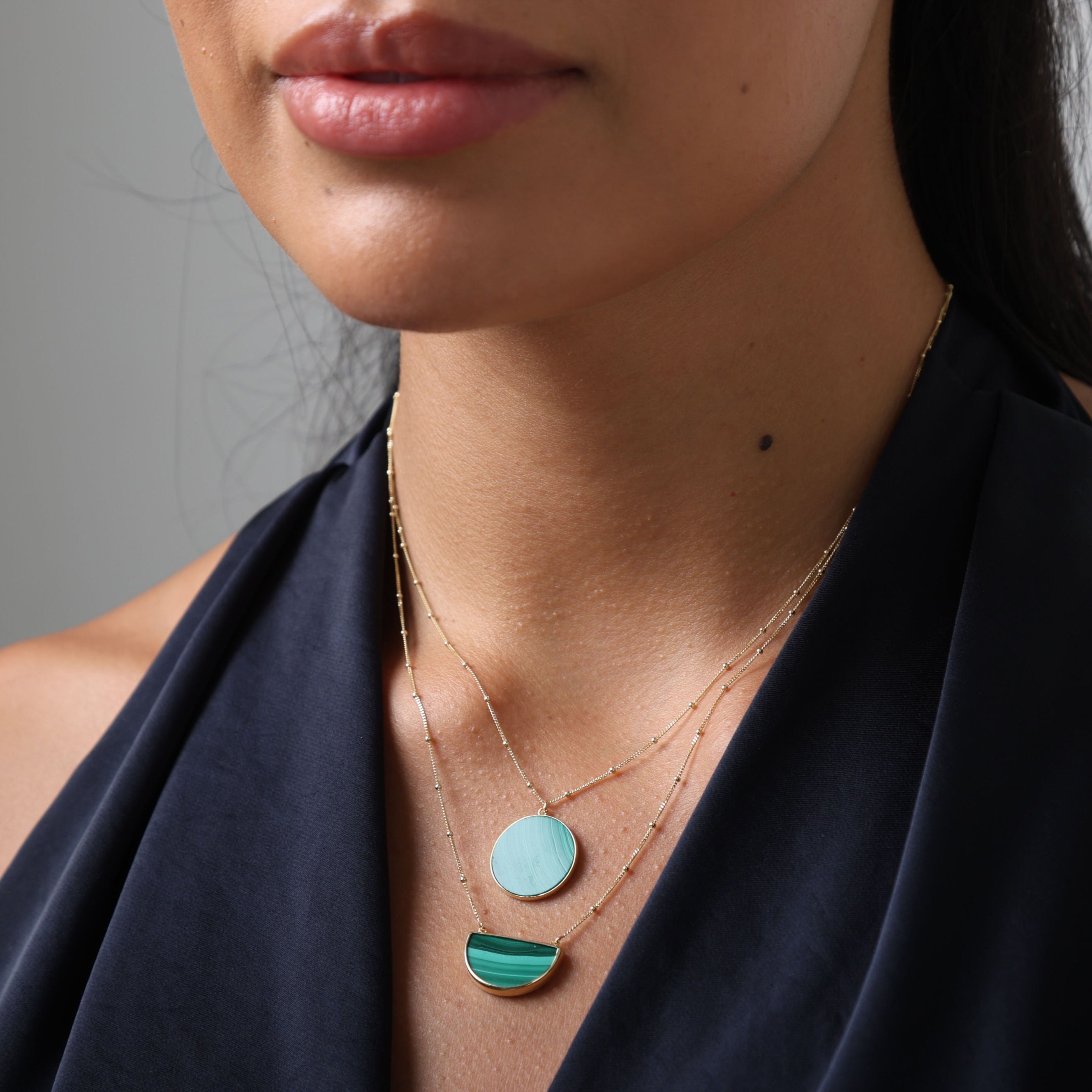 14K Gold Malachite Half Moon Pendant Necklace