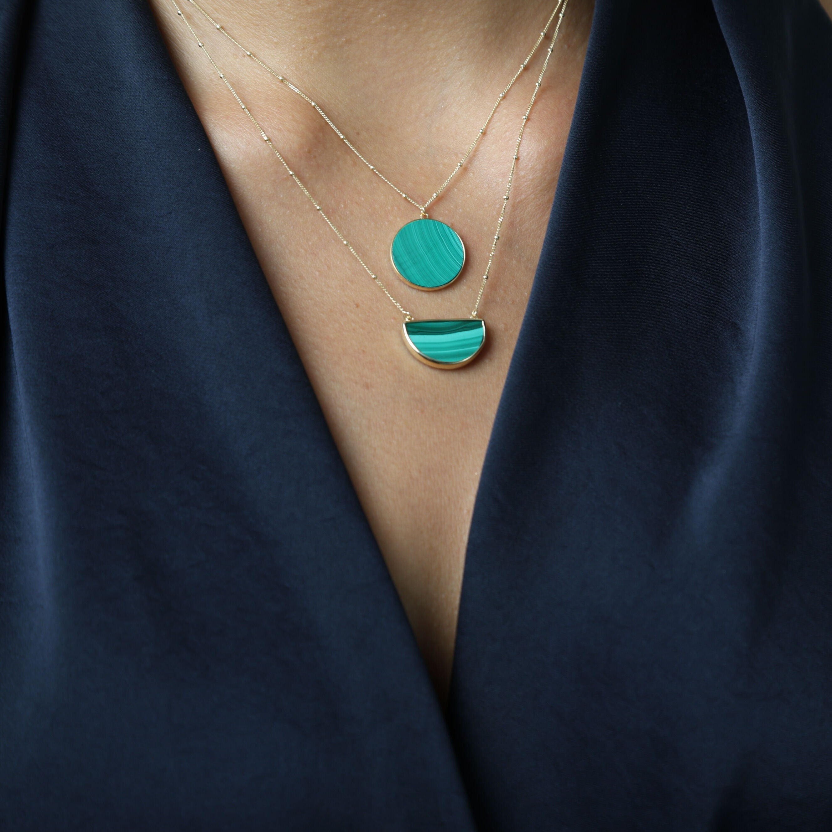 14K Gold Malachite Circle Pendant Necklace