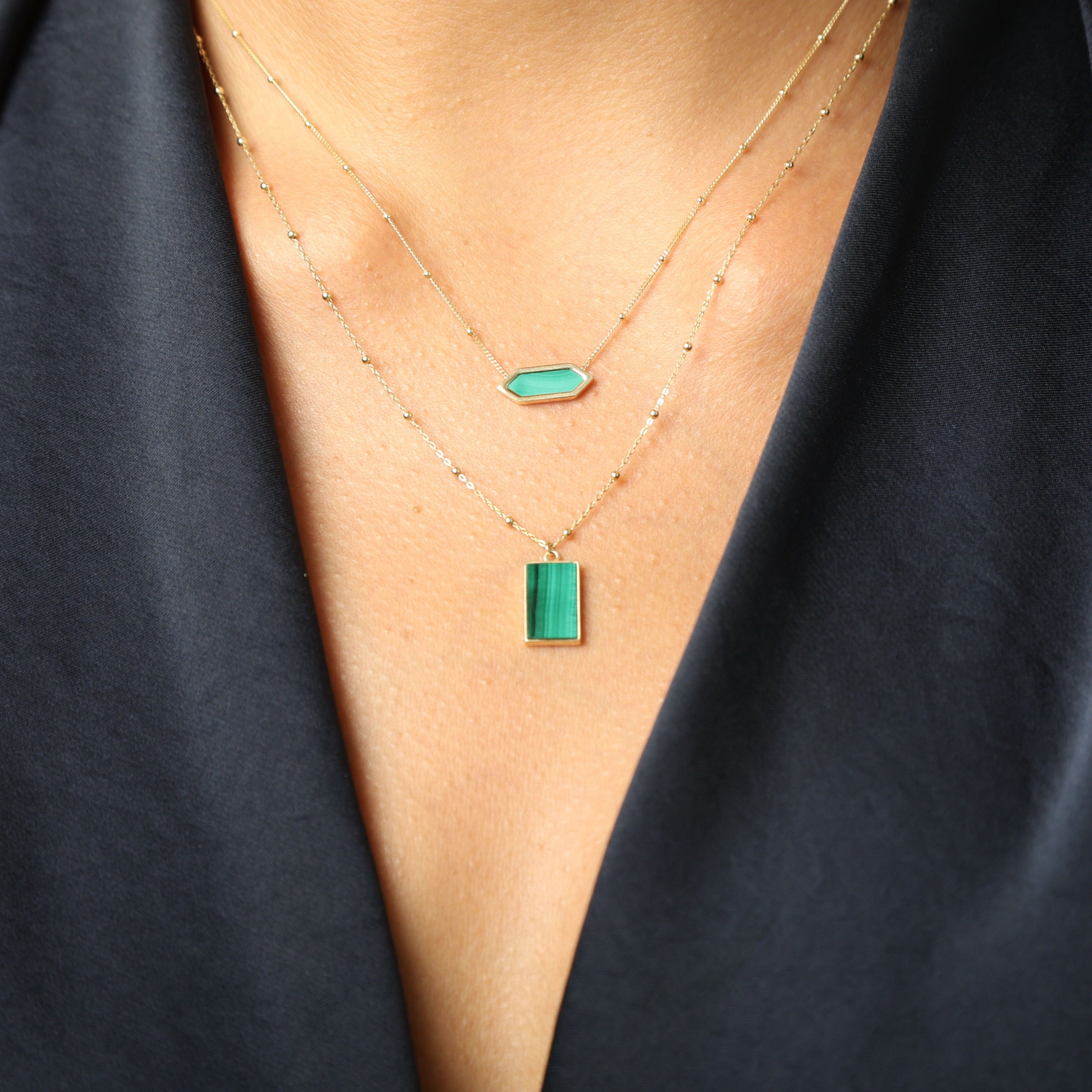 14K Gold Malachite Rectangle Pendant Necklace