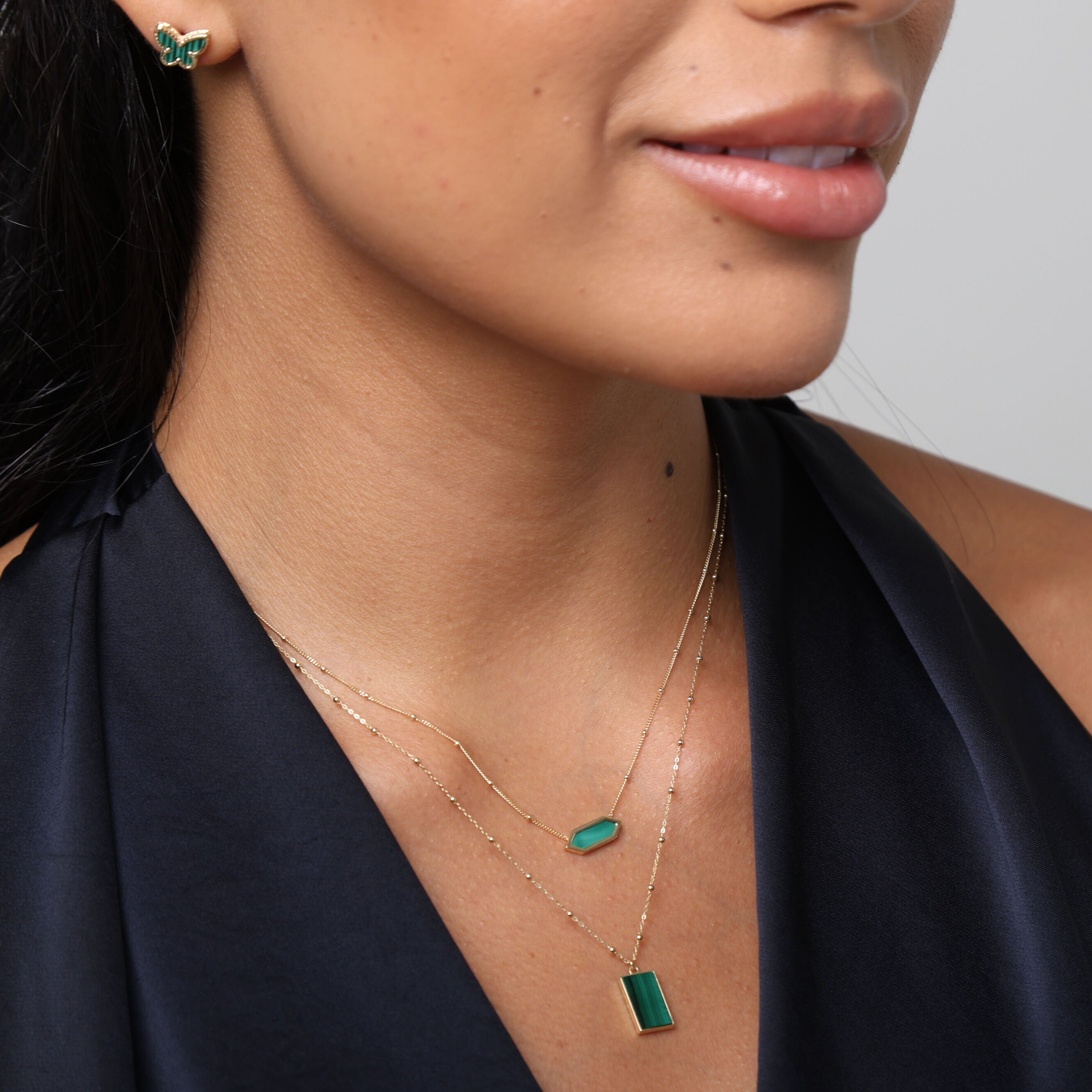 14K Gold Malachite Rectangle Pendant Necklace