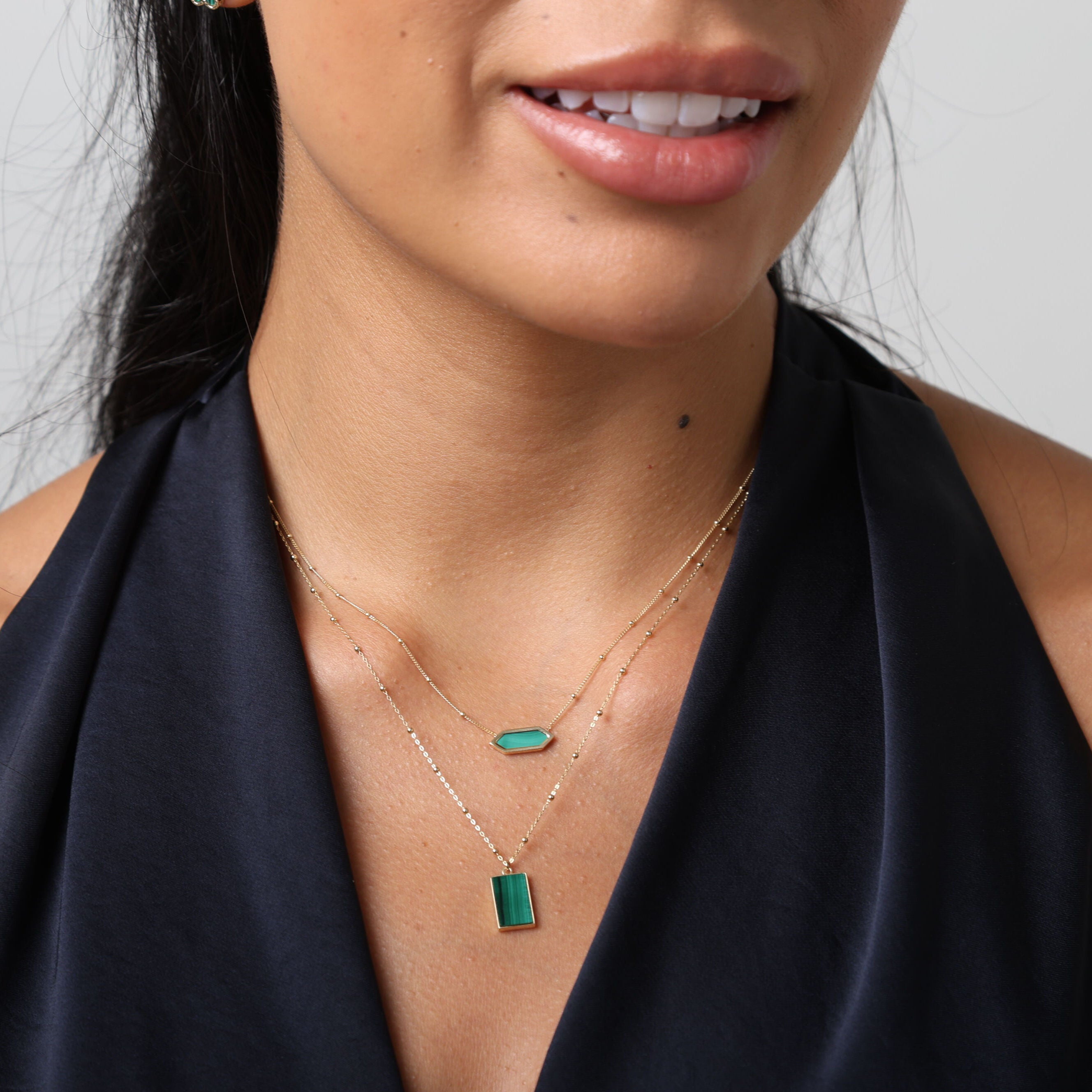 14K Gold Malachite Rectangle Pendant Necklace