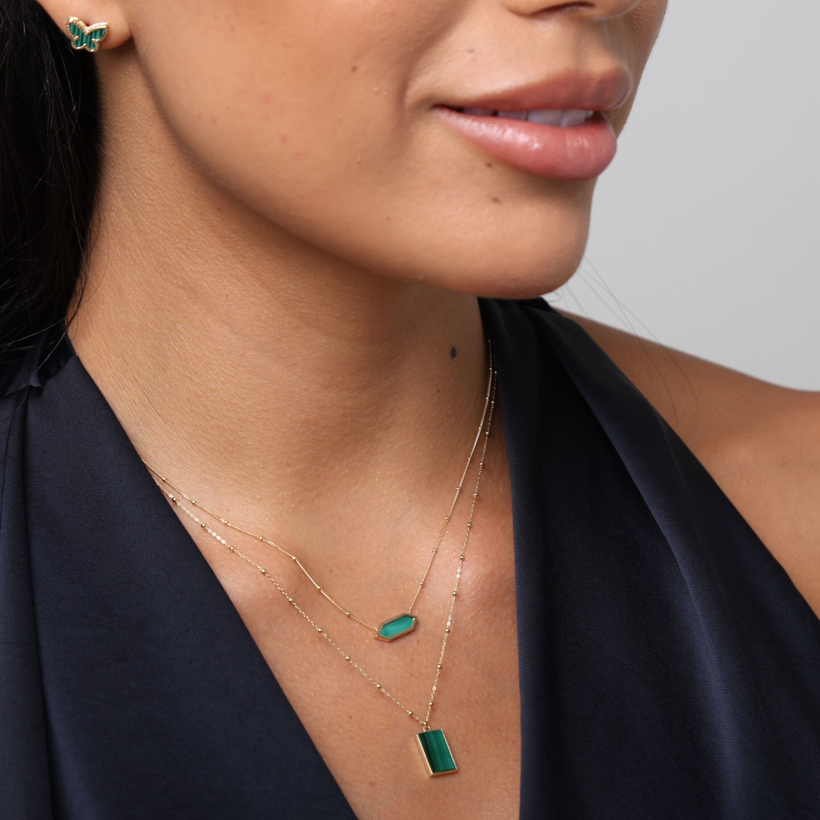 14K Gold Malachite Hexagon Pendant Necklace
