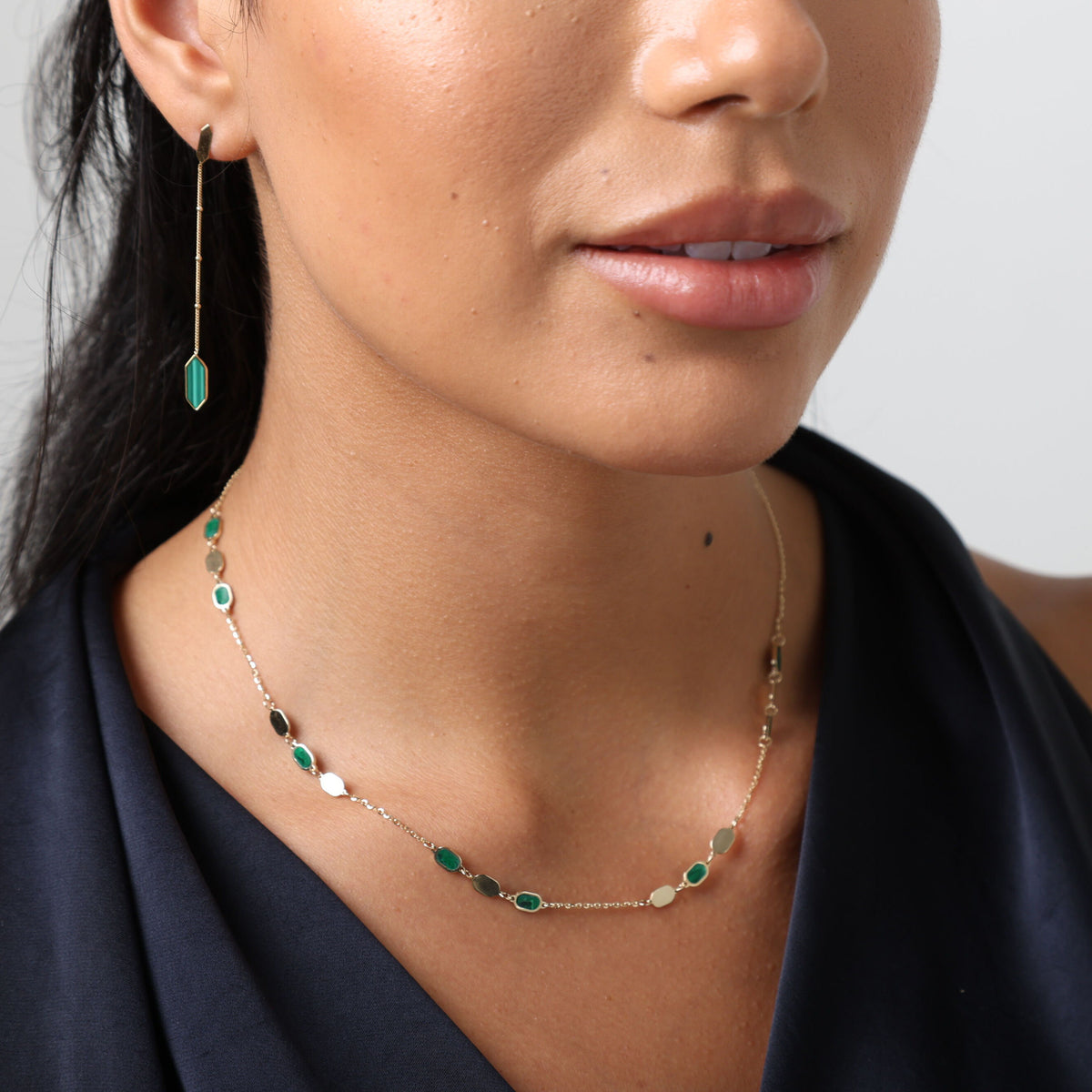 14K Gold Malachite Hexagon Link Necklace - 18"