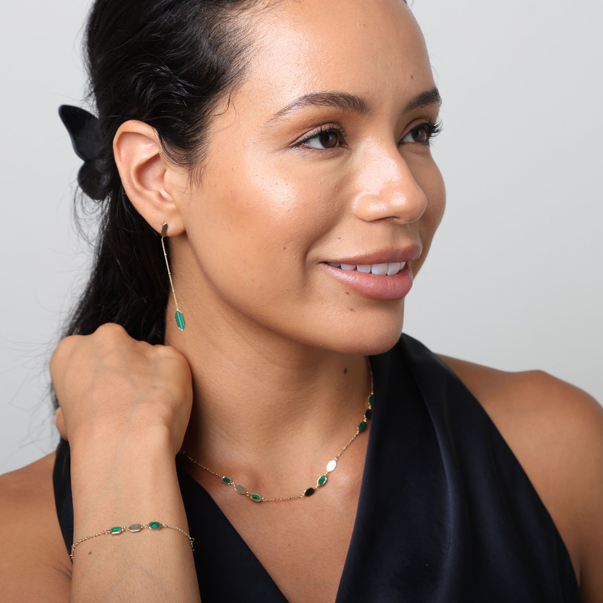 14K Gold Malachite Hexagon Link Bracelet - 7.5"