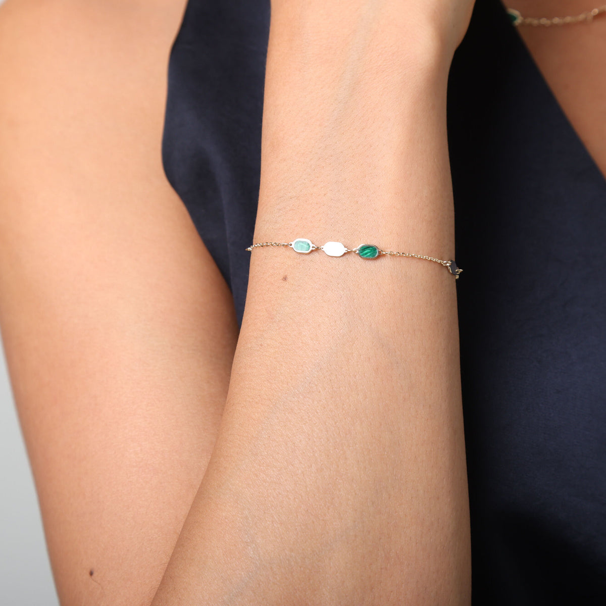14K Gold Malachite Hexagon Link Bracelet - 7.5"