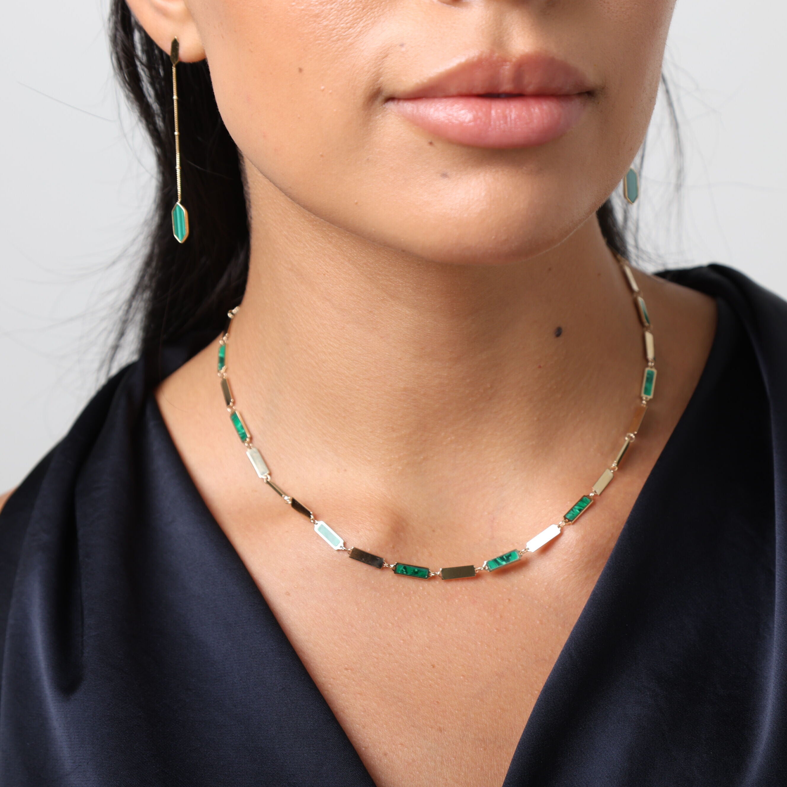 14K Gold & Malachite Rectangle Link Necklace 18"