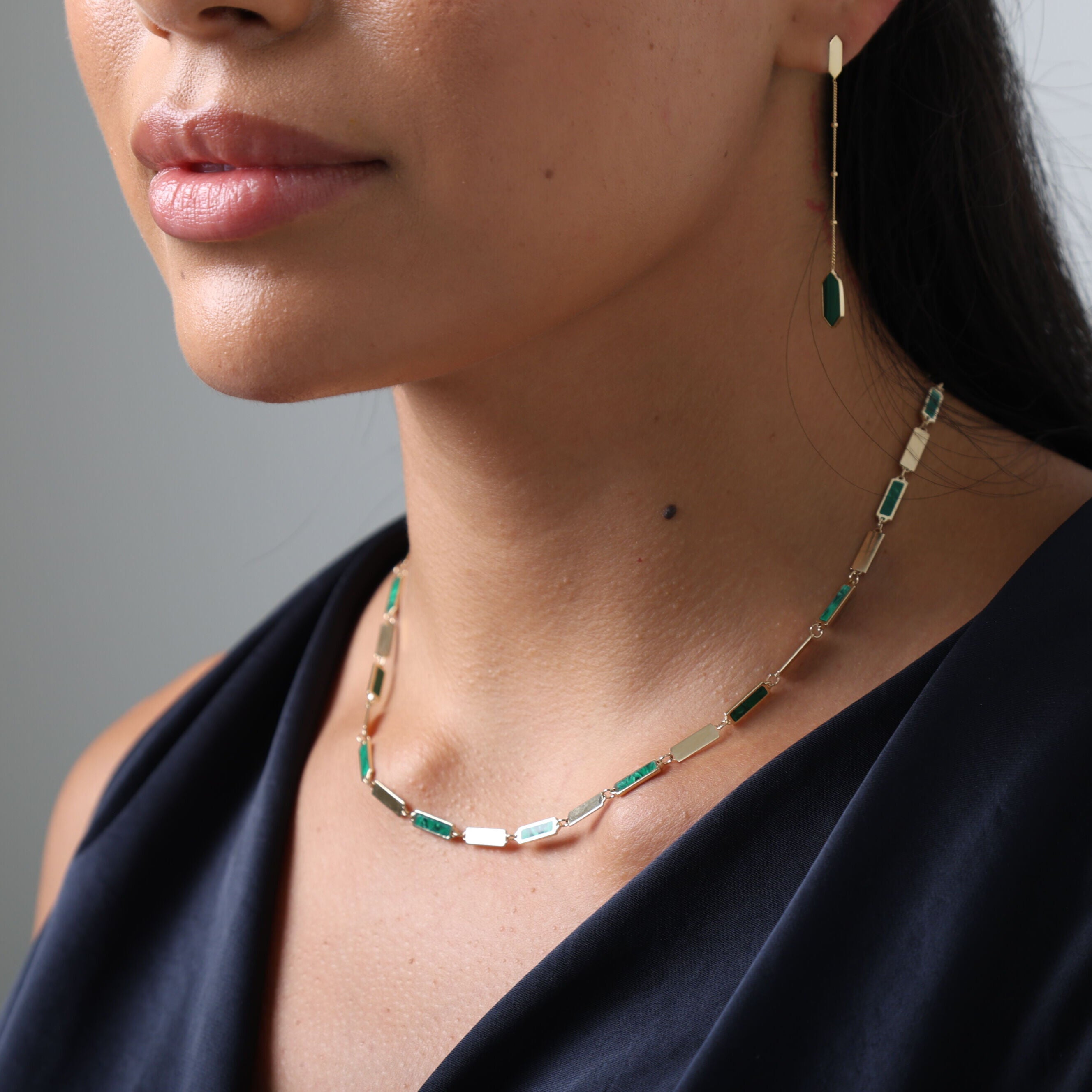 14K Gold & Malachite Rectangle Link Necklace 18"