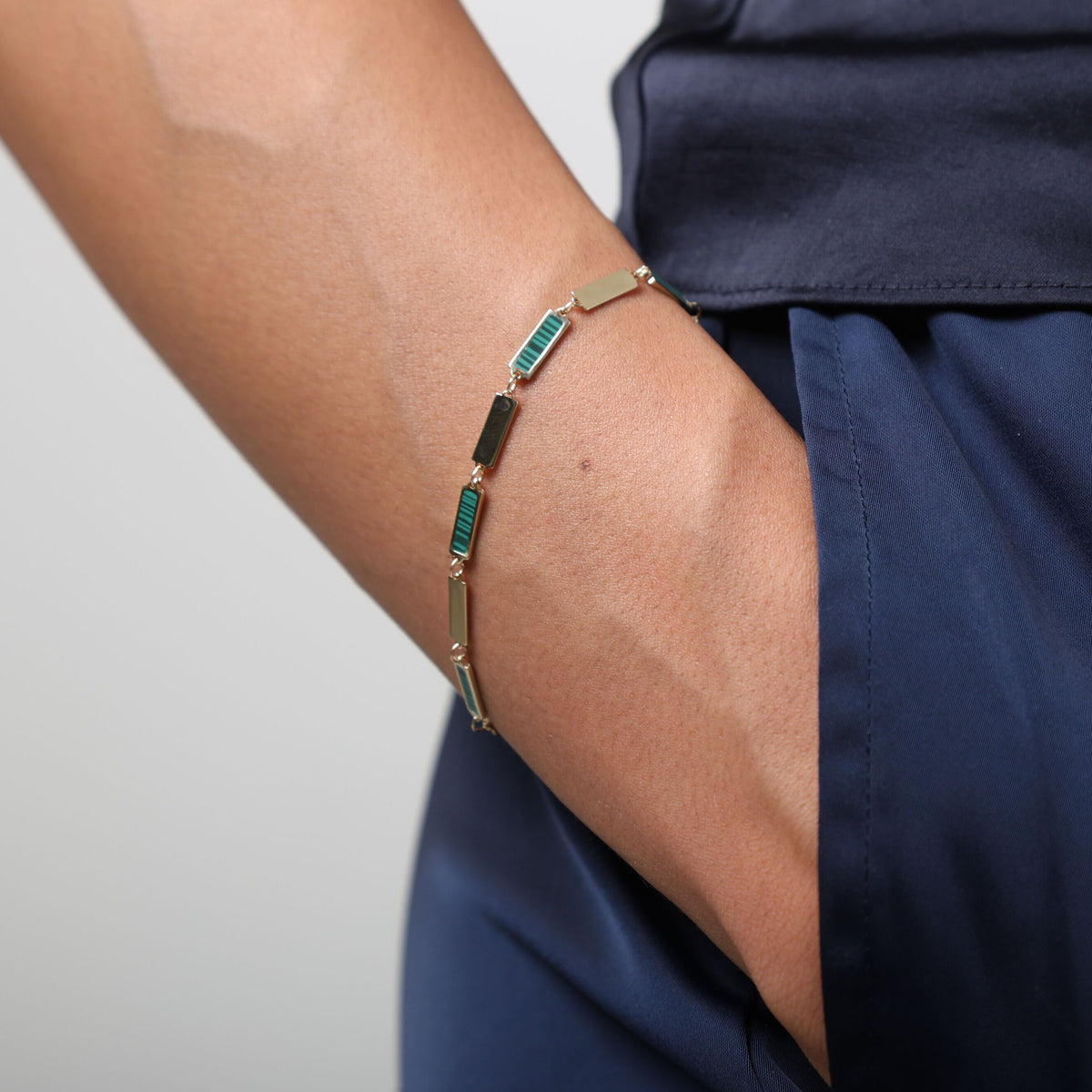 14K Yellow Gold Malachite Rectangle Link Bracelet, 7.5" Adjustable