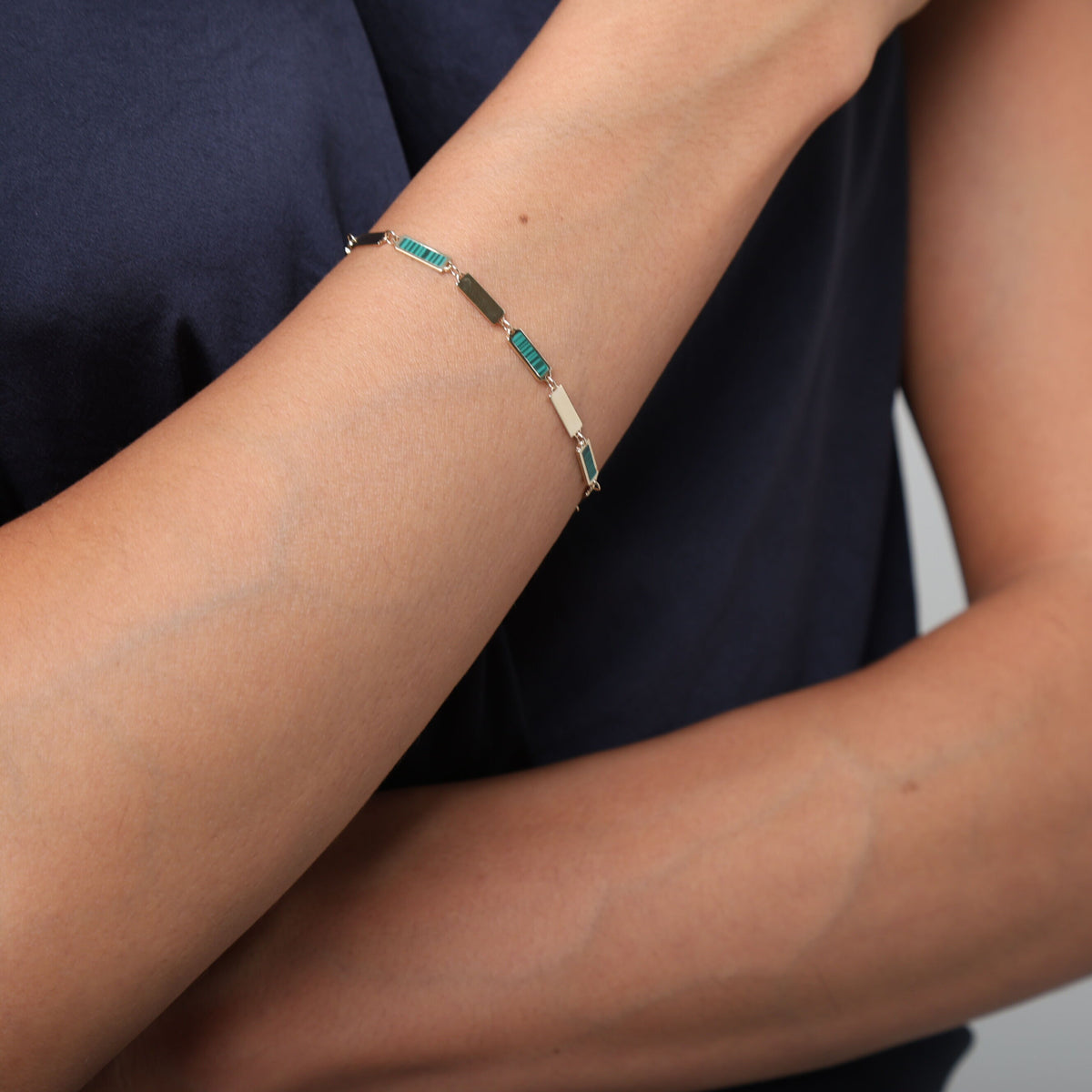 14K Yellow Gold Malachite Rectangle Link Bracelet, 7.5" Adjustable