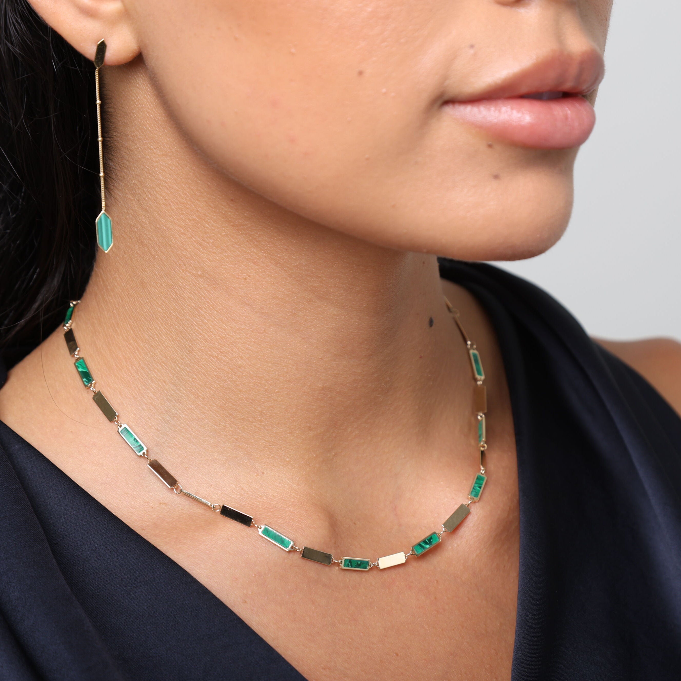 14K Gold & Malachite Rectangle Link Bracelet 7.5"