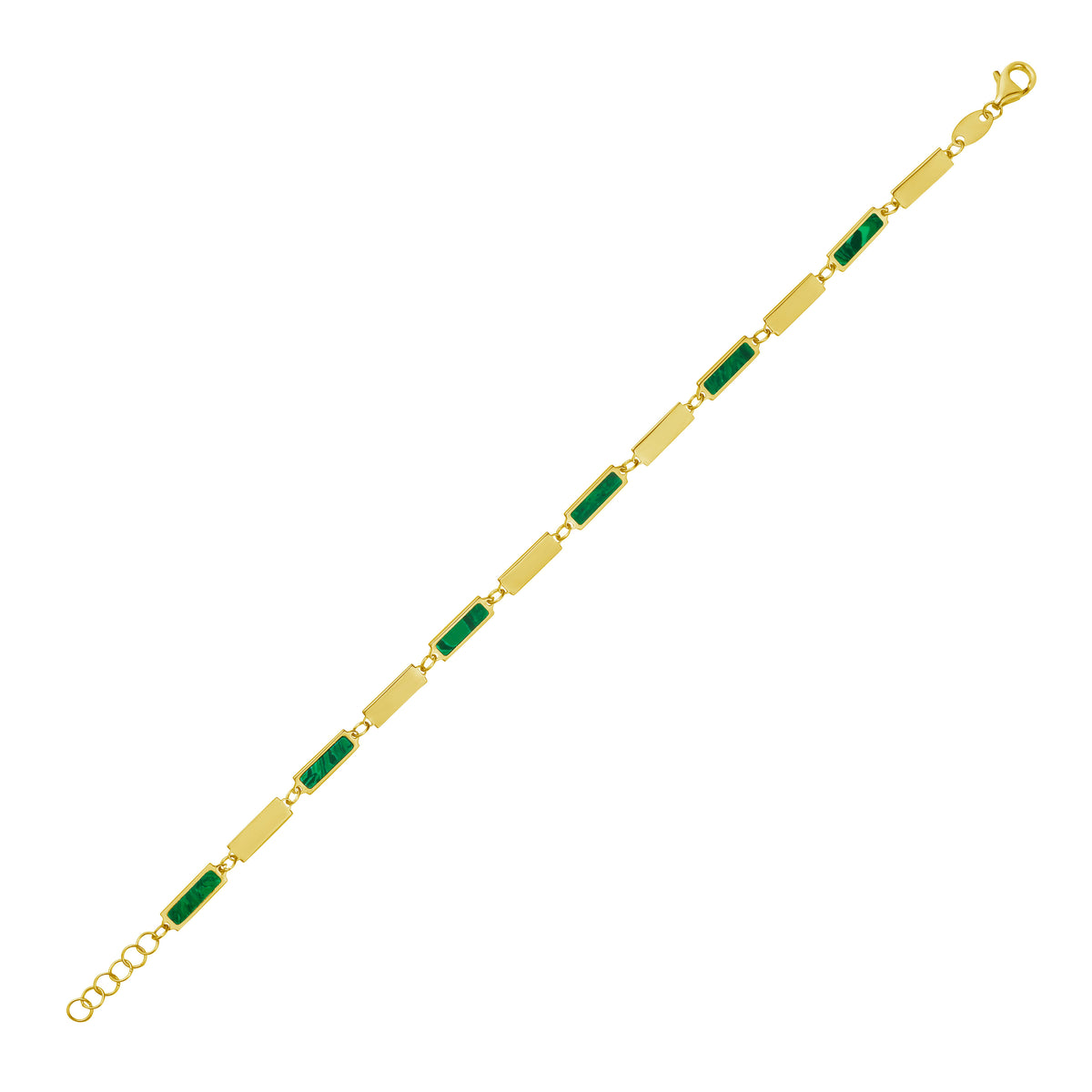 14K Yellow Gold Malachite Rectangle Link Bracelet, 7.5" Adjustable