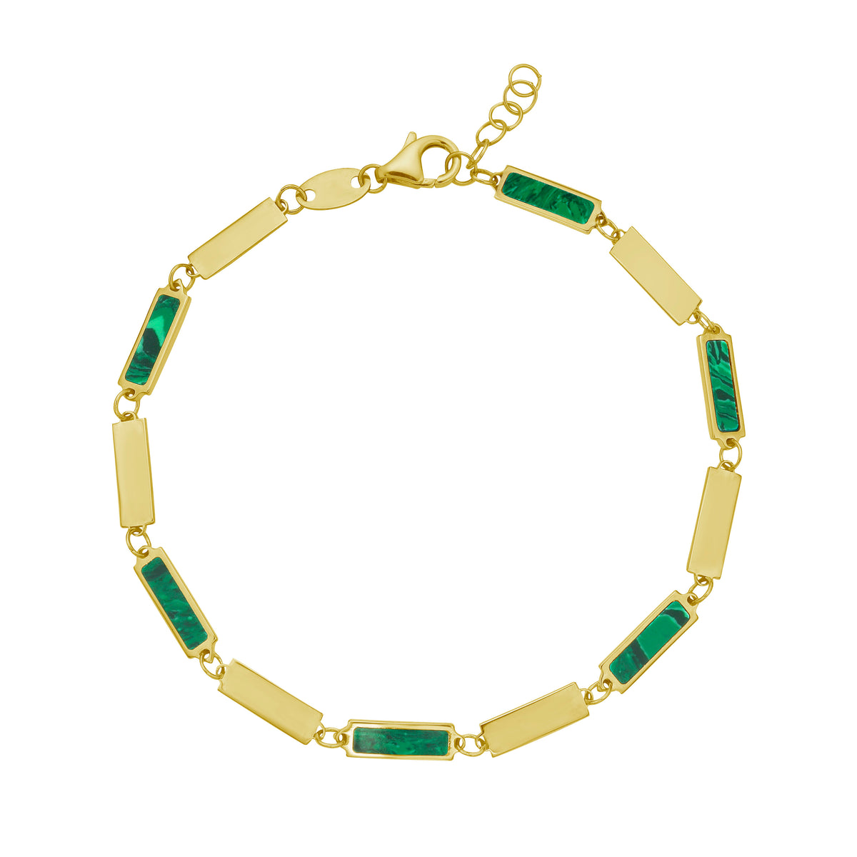 14K Yellow Gold Malachite Rectangle Link Bracelet, 7.5" Adjustable