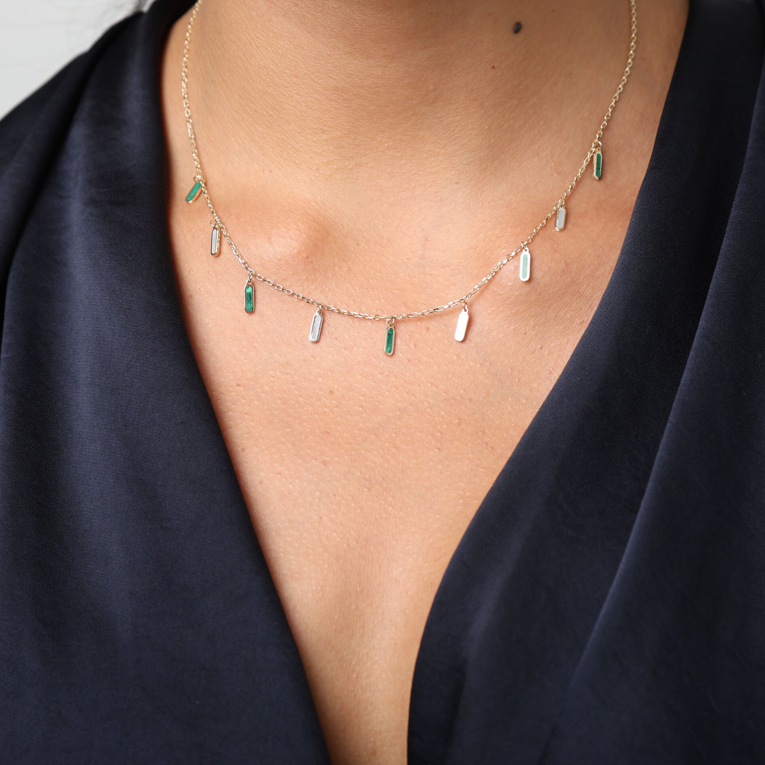 14K Gold Malachite & Mother Of Pearl Dangle Necklace