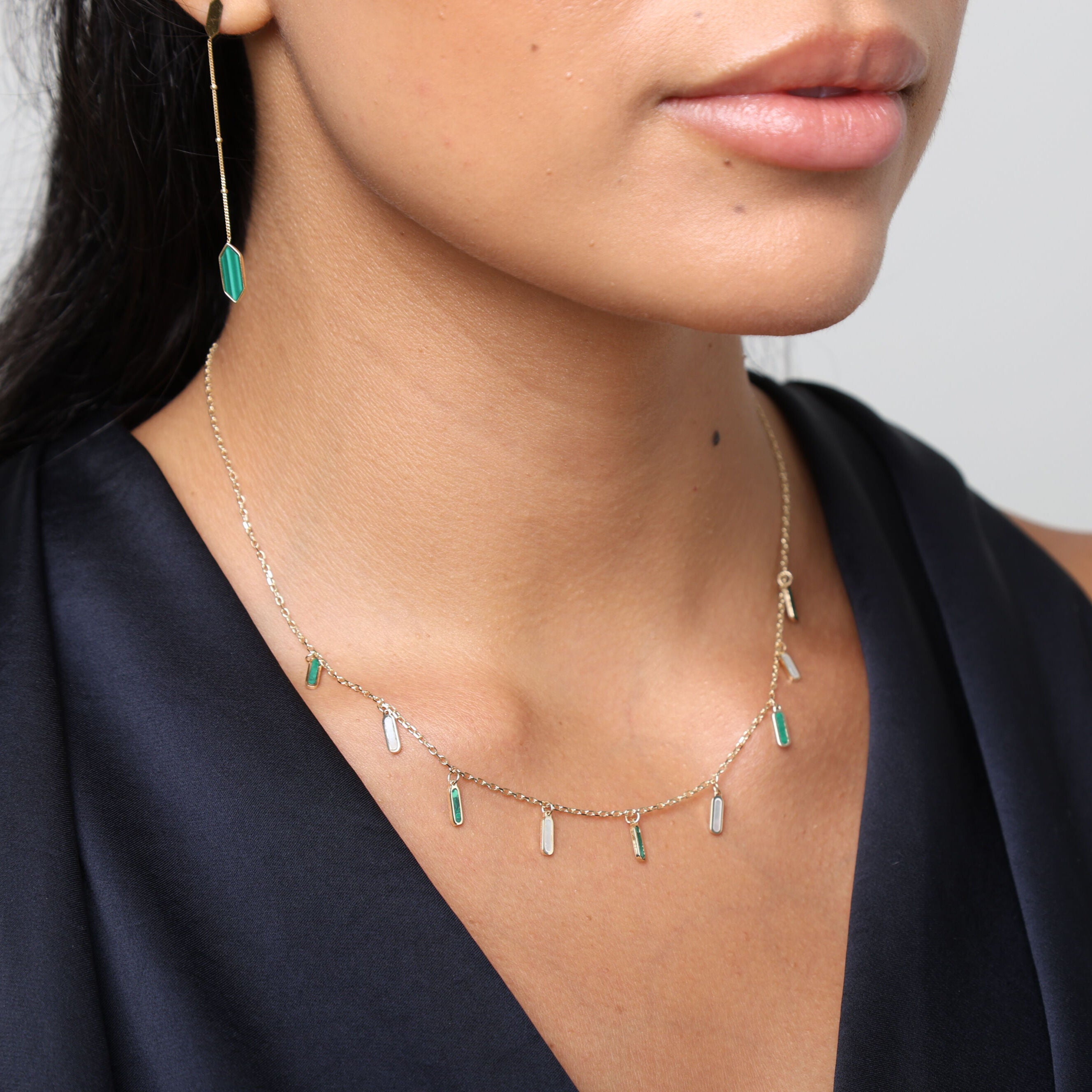 14K Gold Malachite & Mother Of Pearl Dangle Necklace