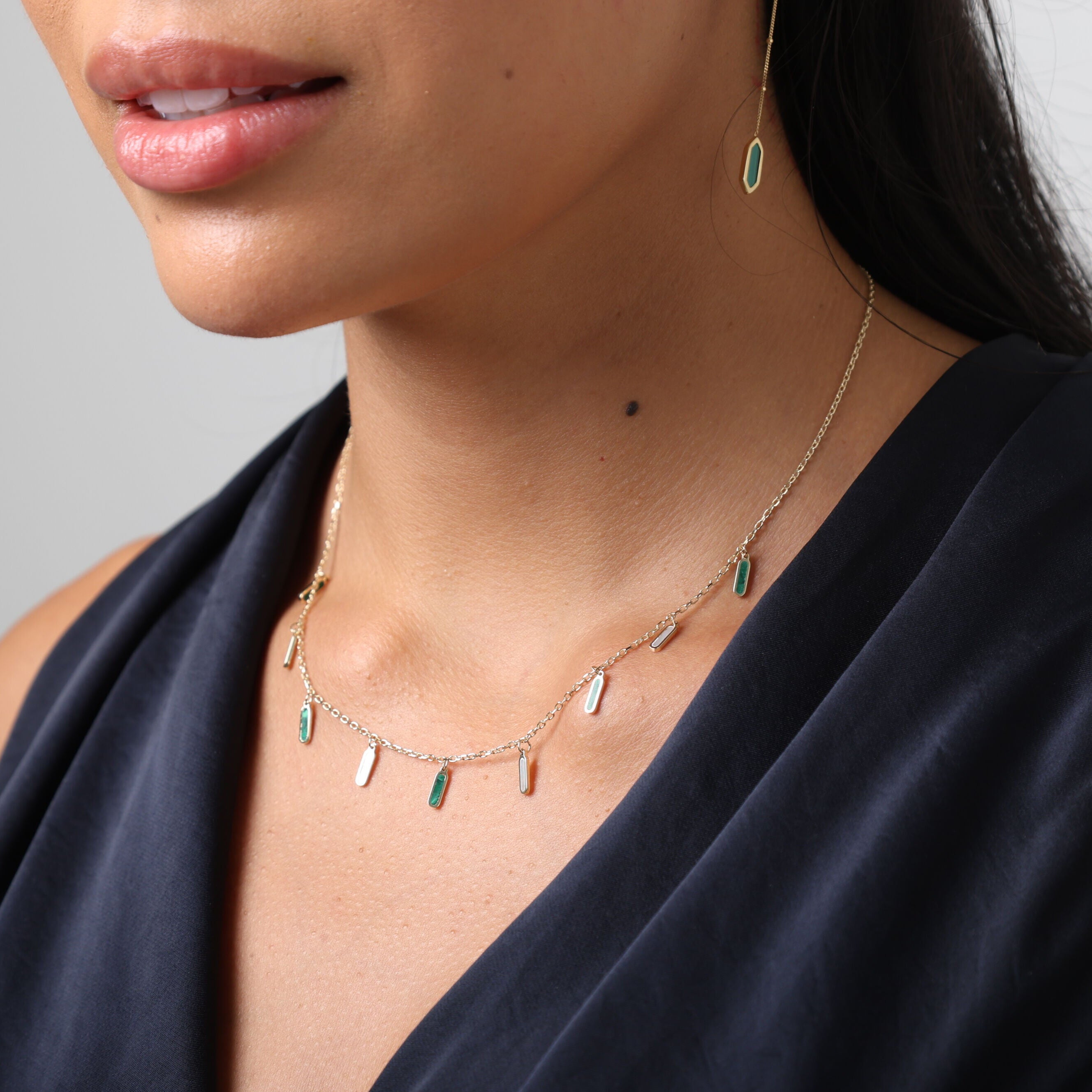 14K Gold Malachite & Mother Of Pearl Dangle Necklace