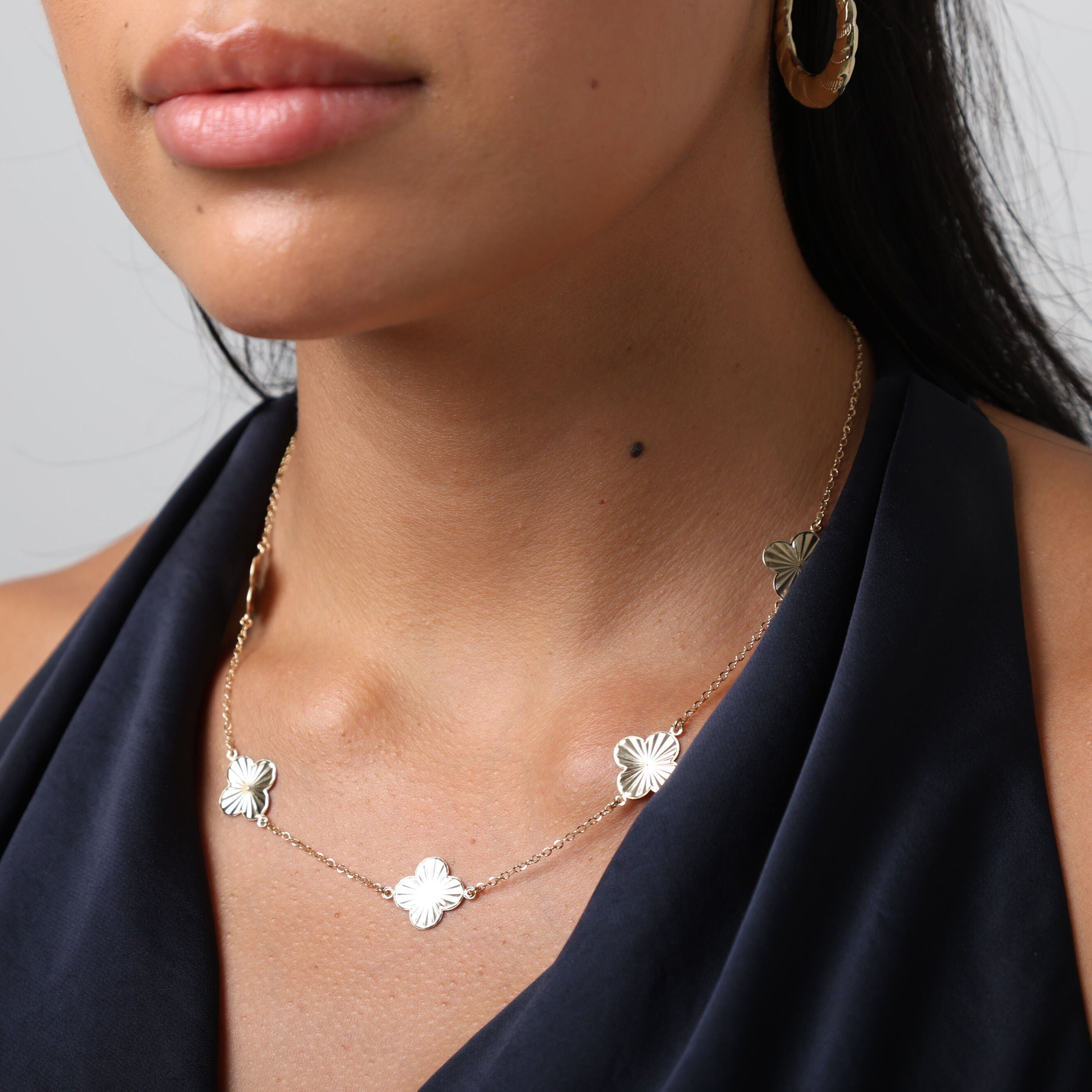 14K Gold Large Clover Station Necklace: 18" Adjustable Made In Italy