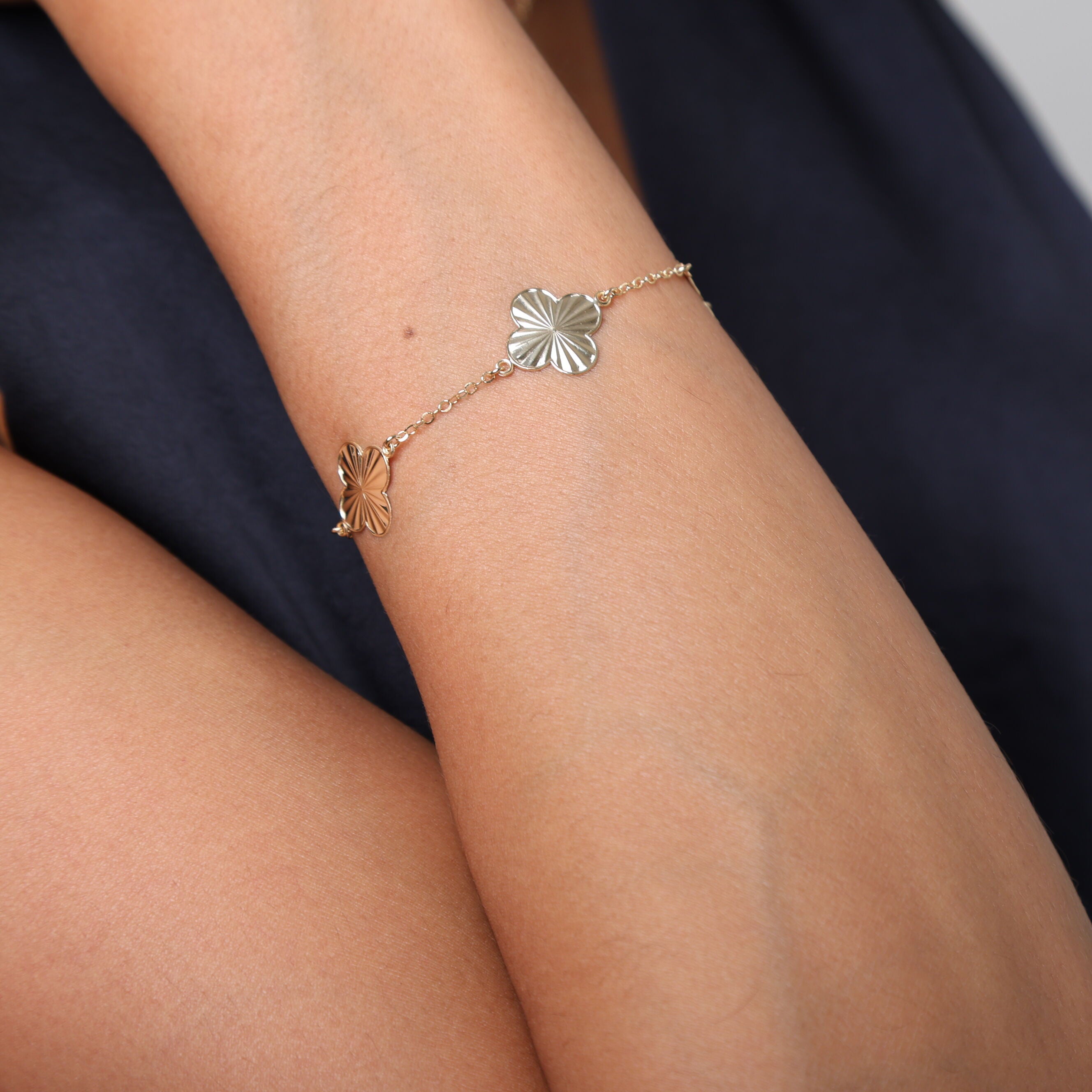 14K Gold Large Clover Station Necklace: 18" Adjustable Made In Italy