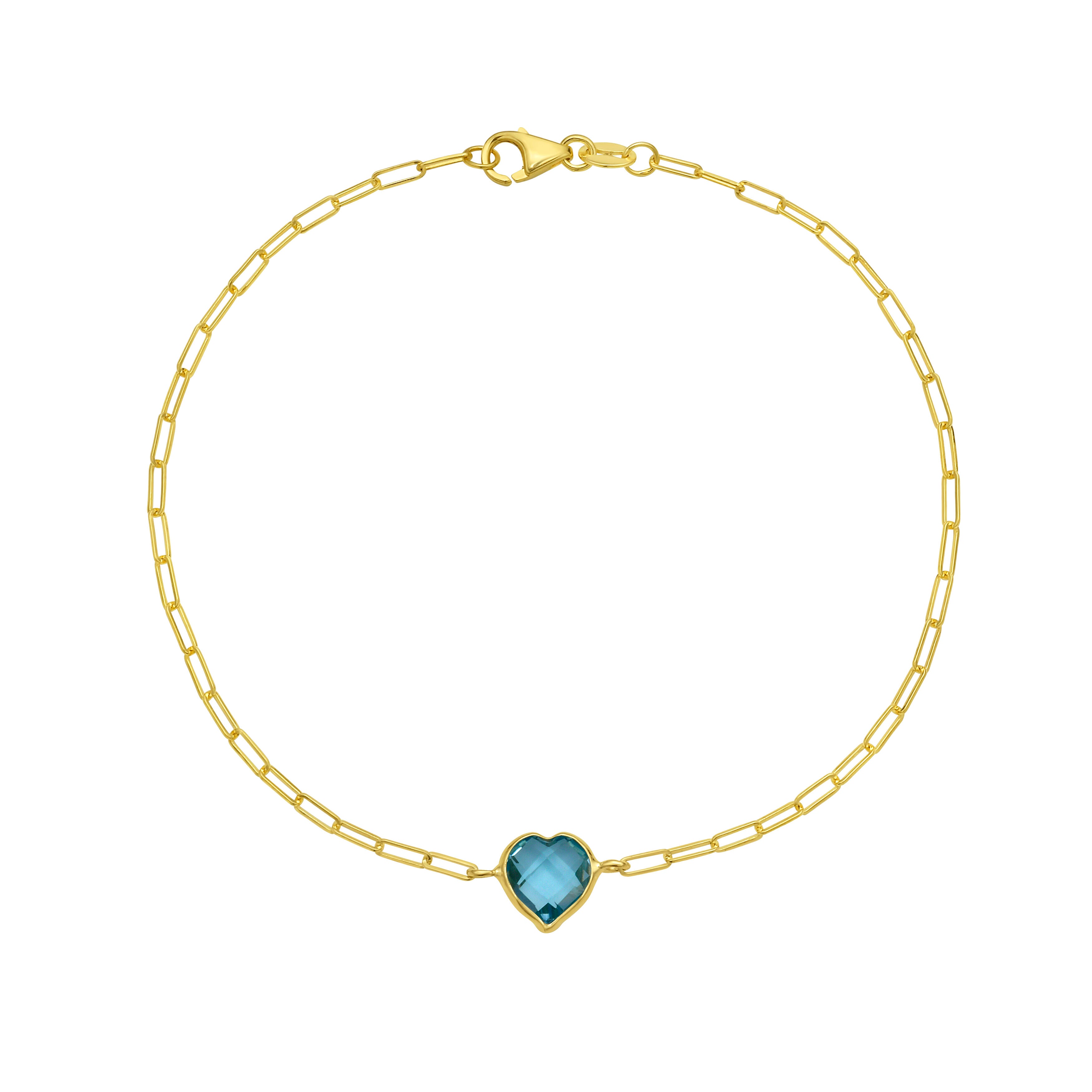 14K Yellow Gold Paperclip Bracelet with Heart Birthstone – Garnet, Citrine, White Topaz, Amethyst, or Blue Topaz