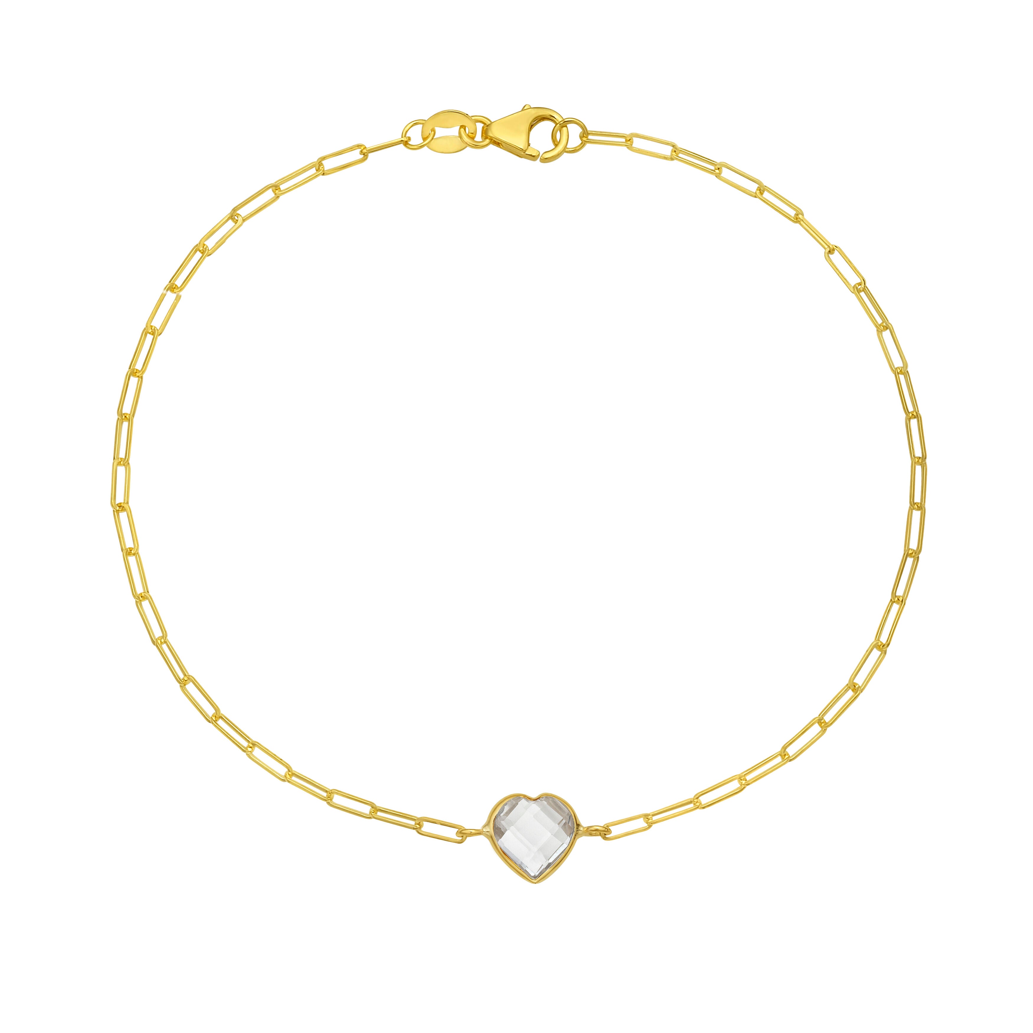 14K Yellow Gold Paperclip Bracelet with Heart Birthstone – Garnet, Citrine, White Topaz, Amethyst, or Blue Topaz