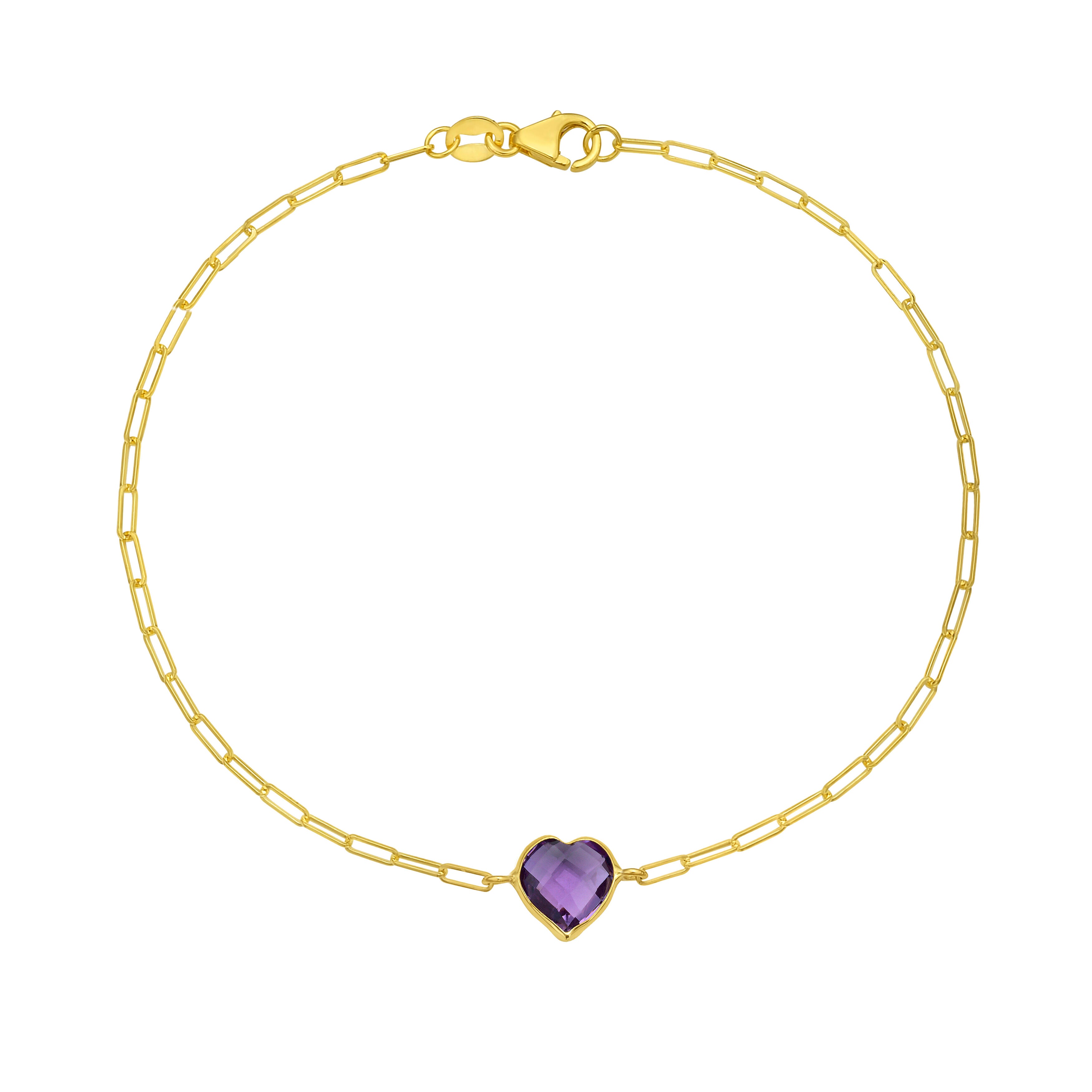 14K Yellow Gold Paperclip Bracelet with Heart Birthstone – Garnet, Citrine, White Topaz, Amethyst, or Blue Topaz