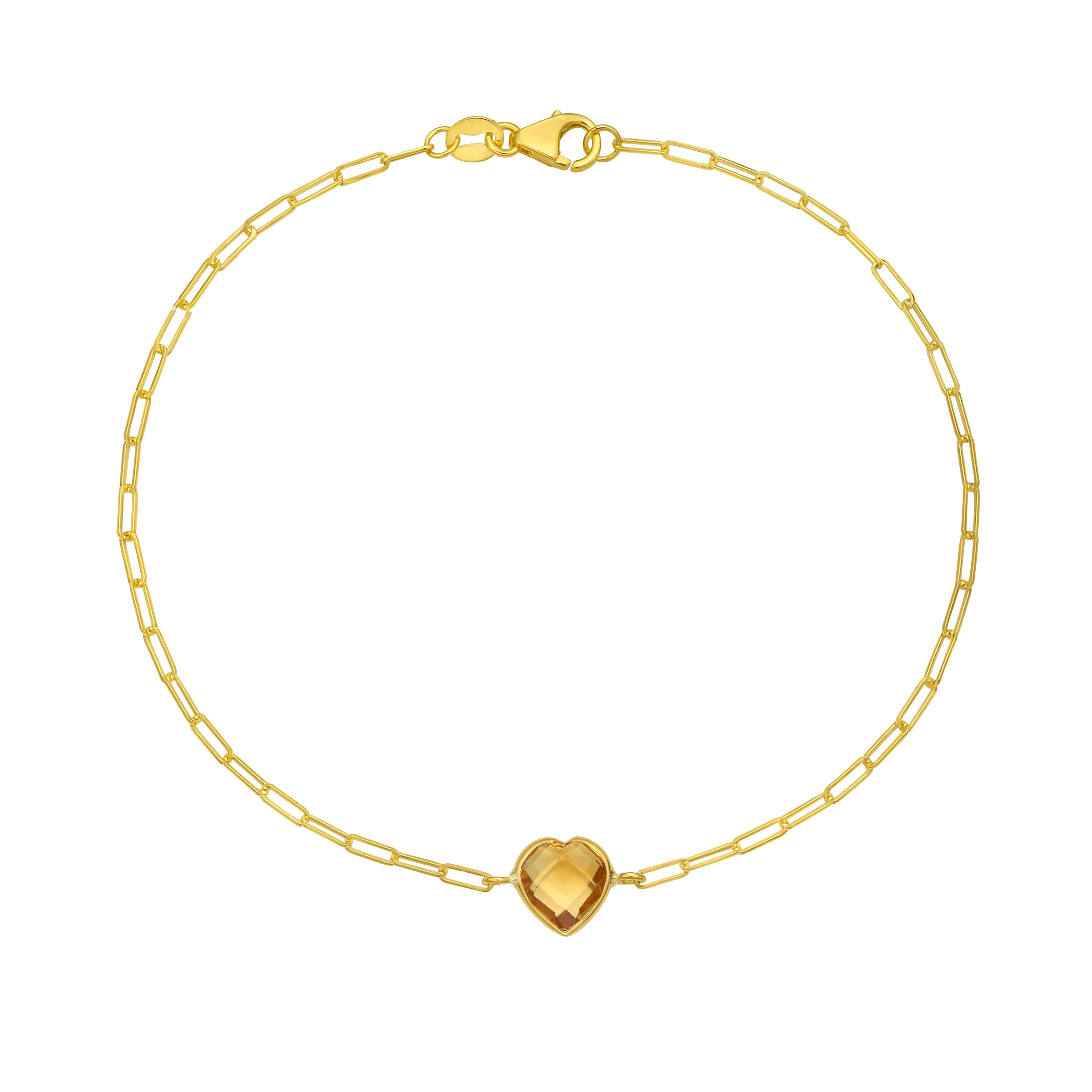 14K Yellow Gold Paperclip Bracelet with Heart Birthstone – Garnet, Citrine, White Topaz, Amethyst, or Blue Topaz