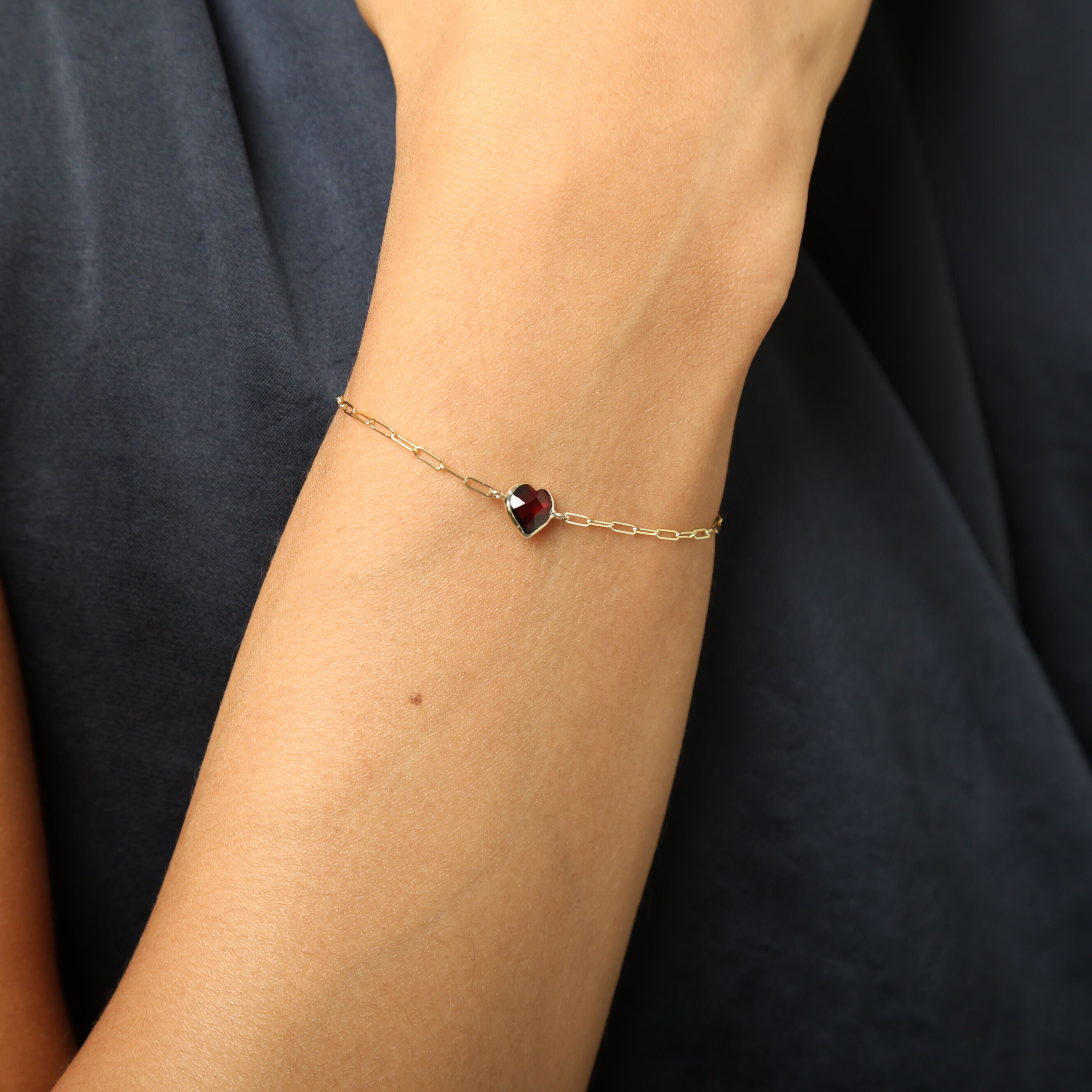 14K Yellow Gold Paperclip Bracelet with Heart Birthstone – Garnet, Citrine, White Topaz, Amethyst, or Blue Topaz