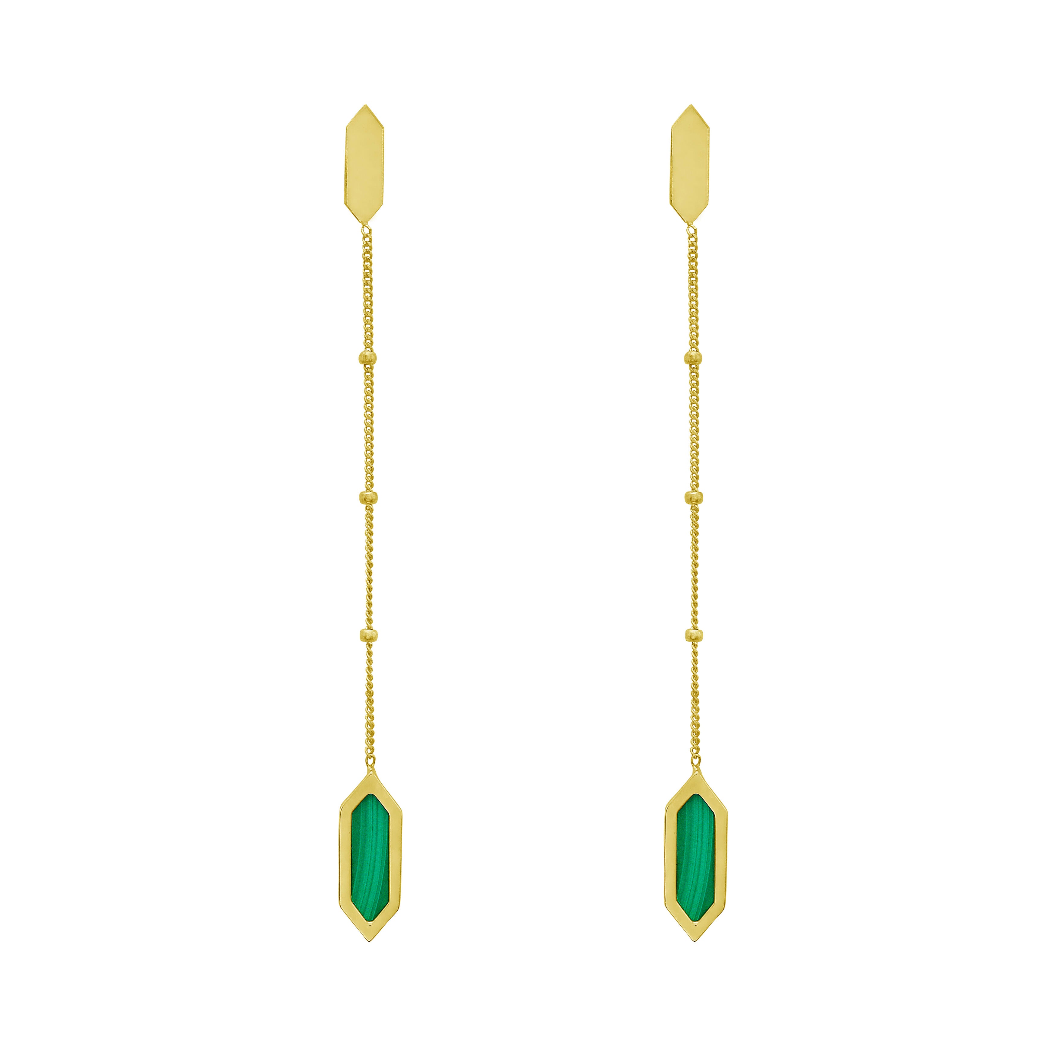 14K Gold Malachite Hexagon Drop Chain Earrings