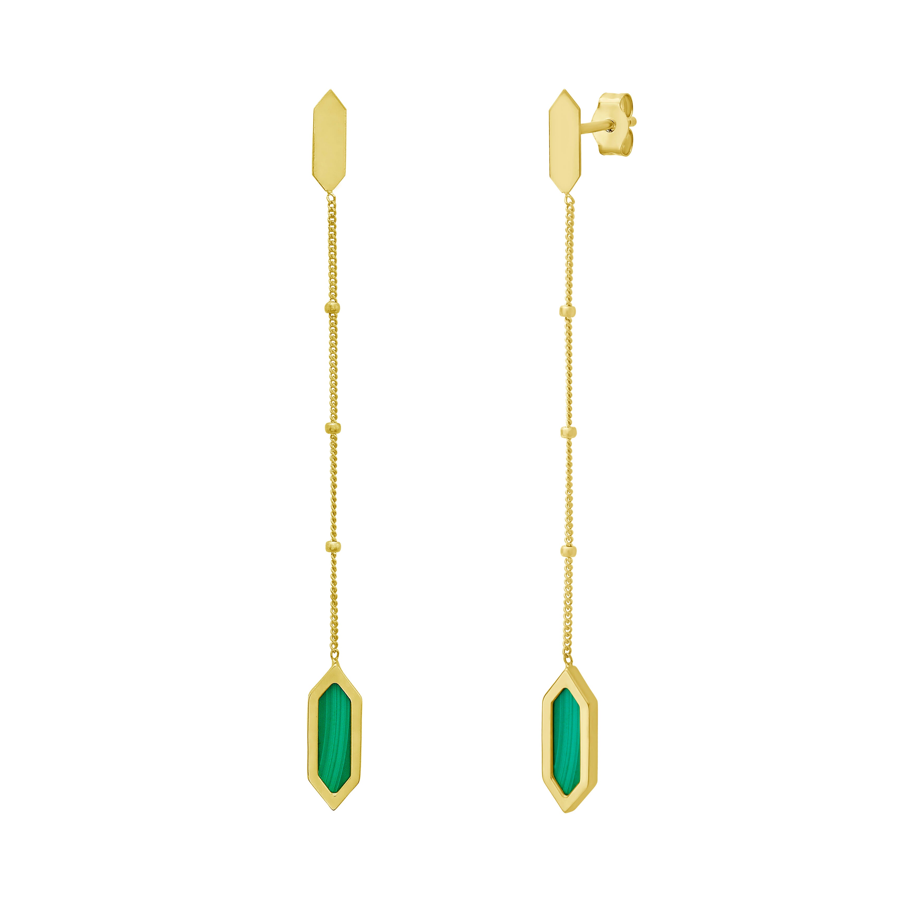 14K Gold Malachite Hexagon Drop Chain Earrings