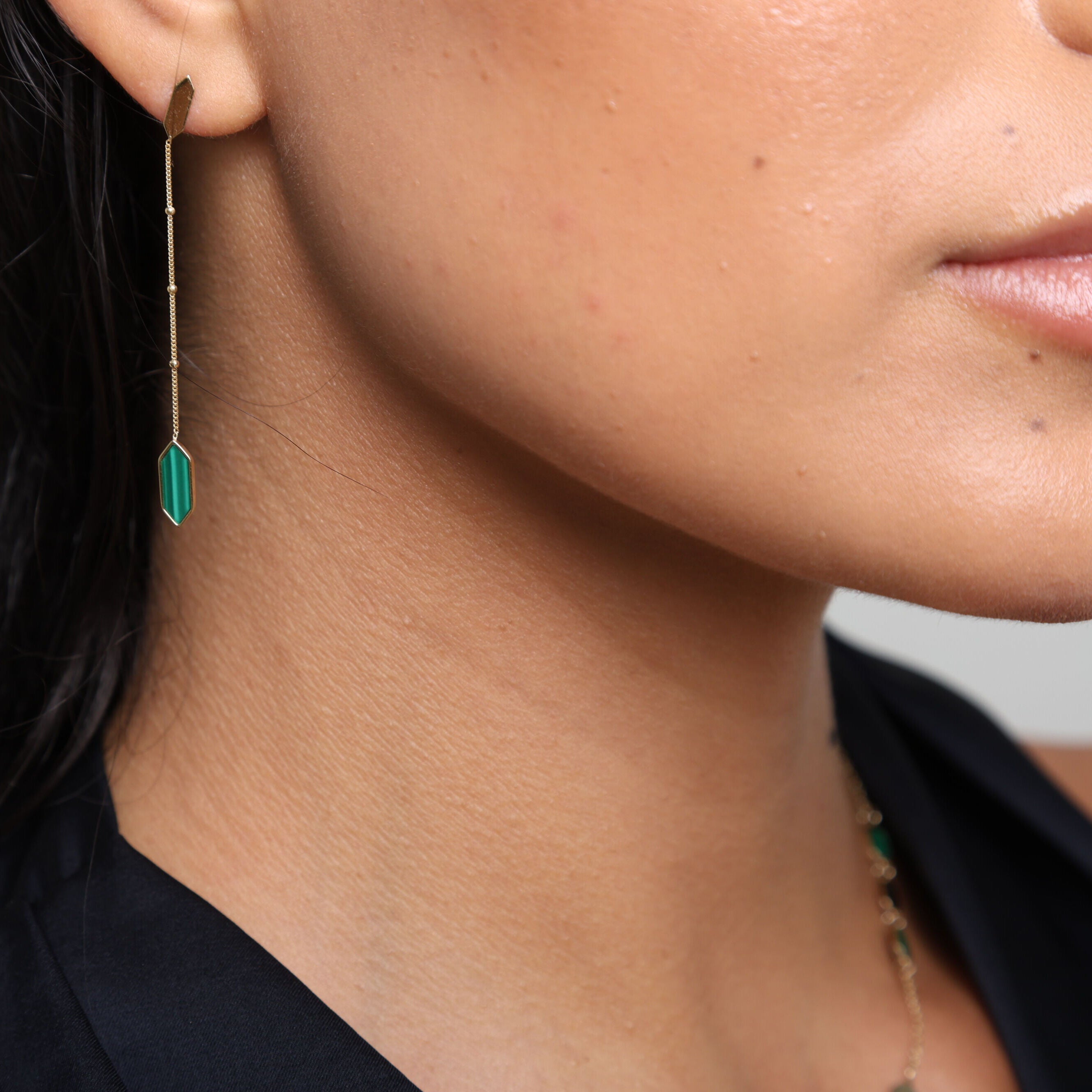 14K Gold Malachite Hexagon Drop Chain Earrings