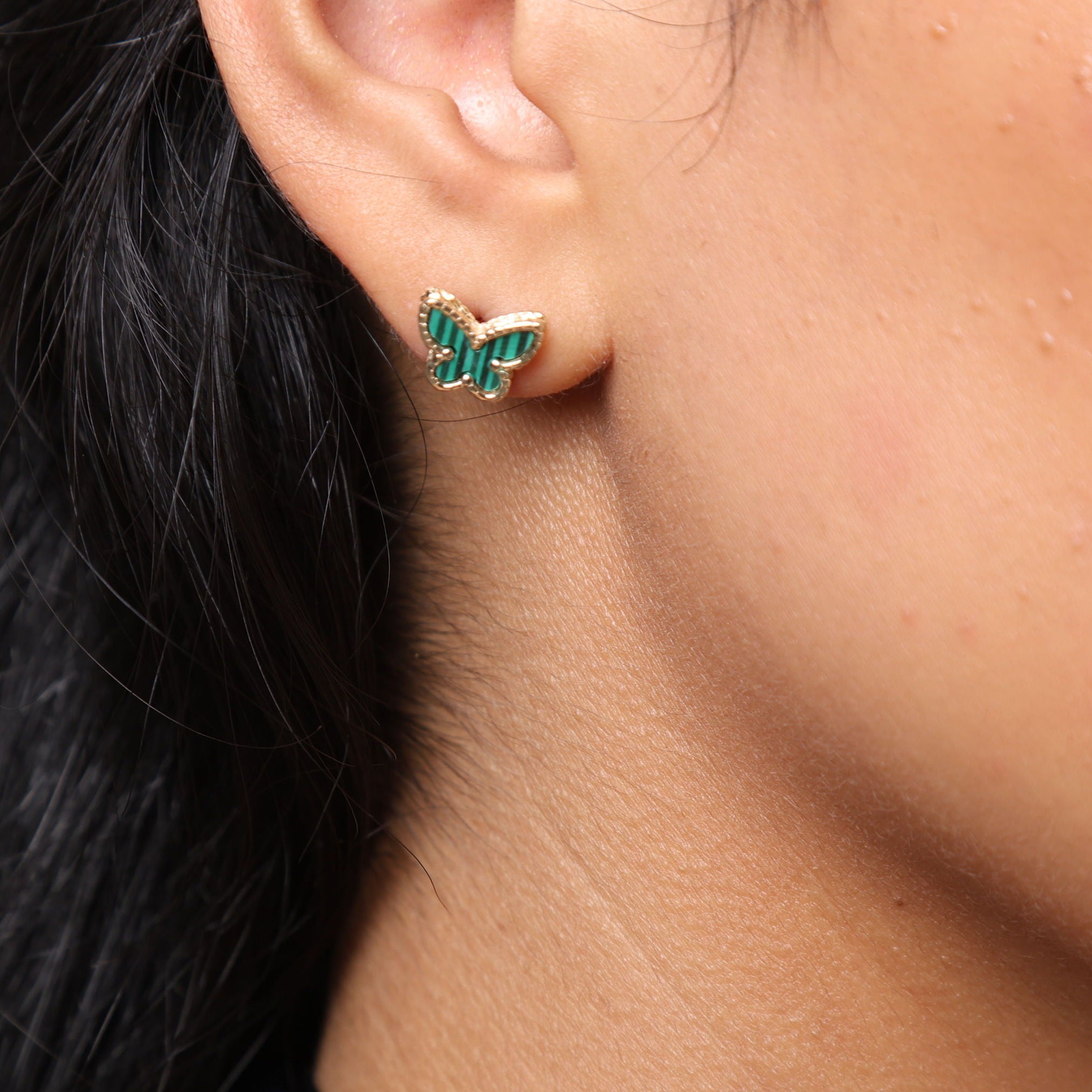 14K Gold Malachite Butterfly Stud Earrings