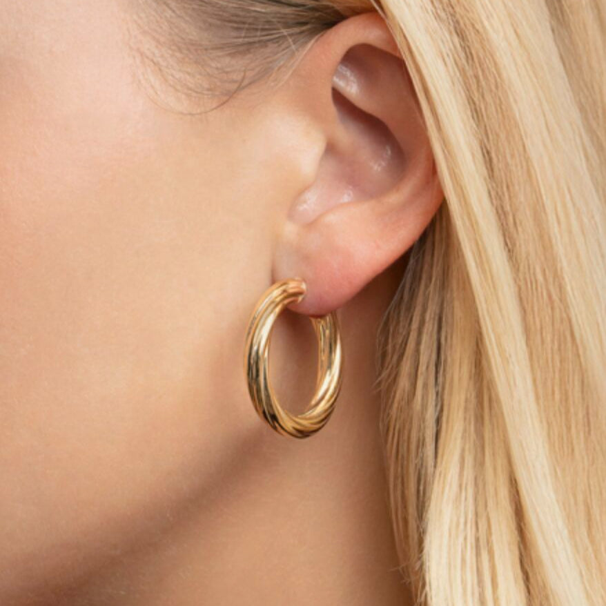 14K Yellow Gold 30mm Twisted Hoop Earrings 4.5mm Thick