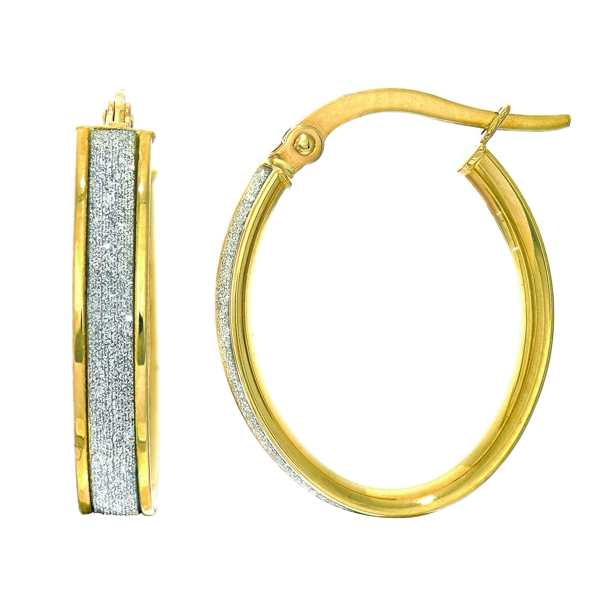 14K White Gold Oval Glitter Hoop Earrings