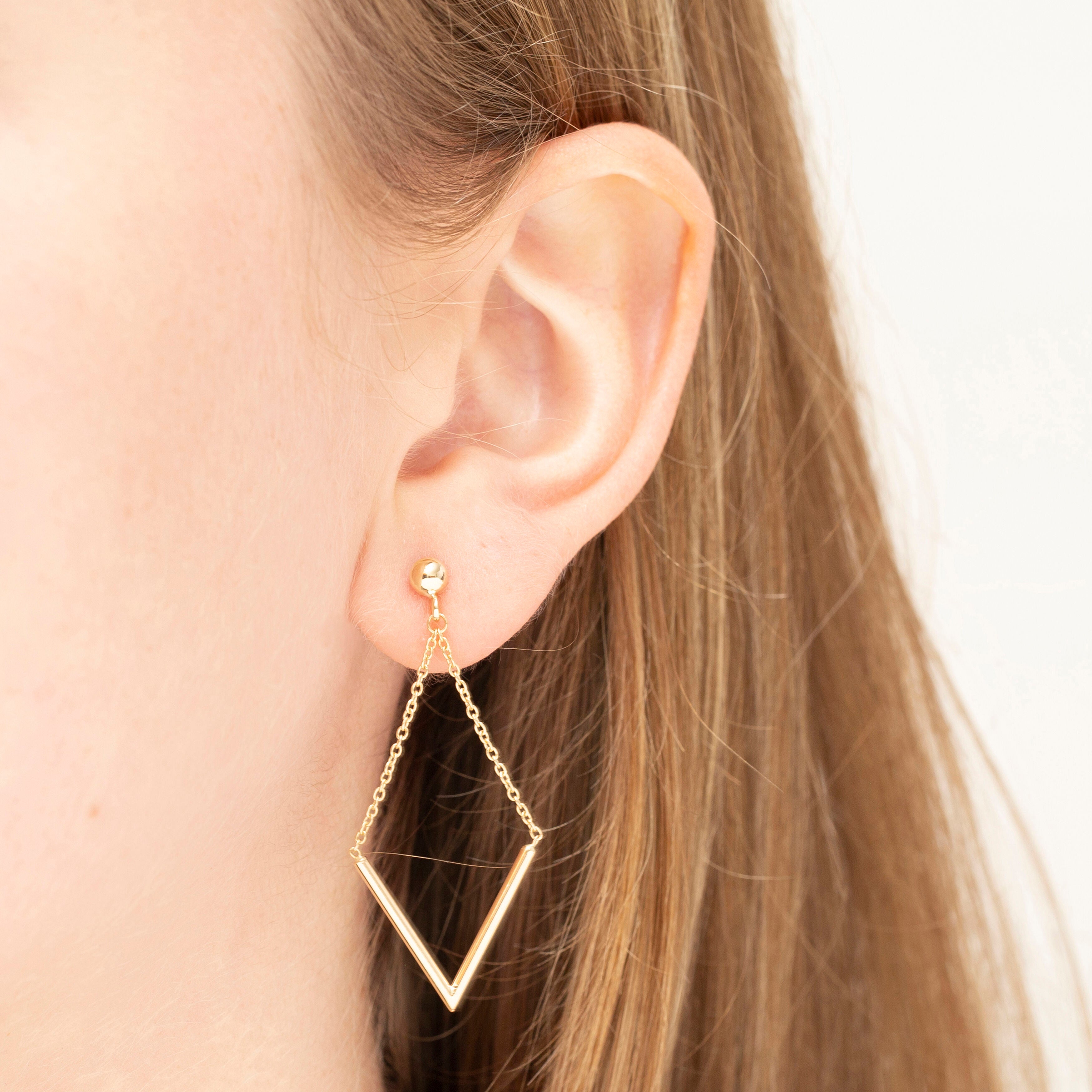 14K Gold Geometric V Drop Earrings