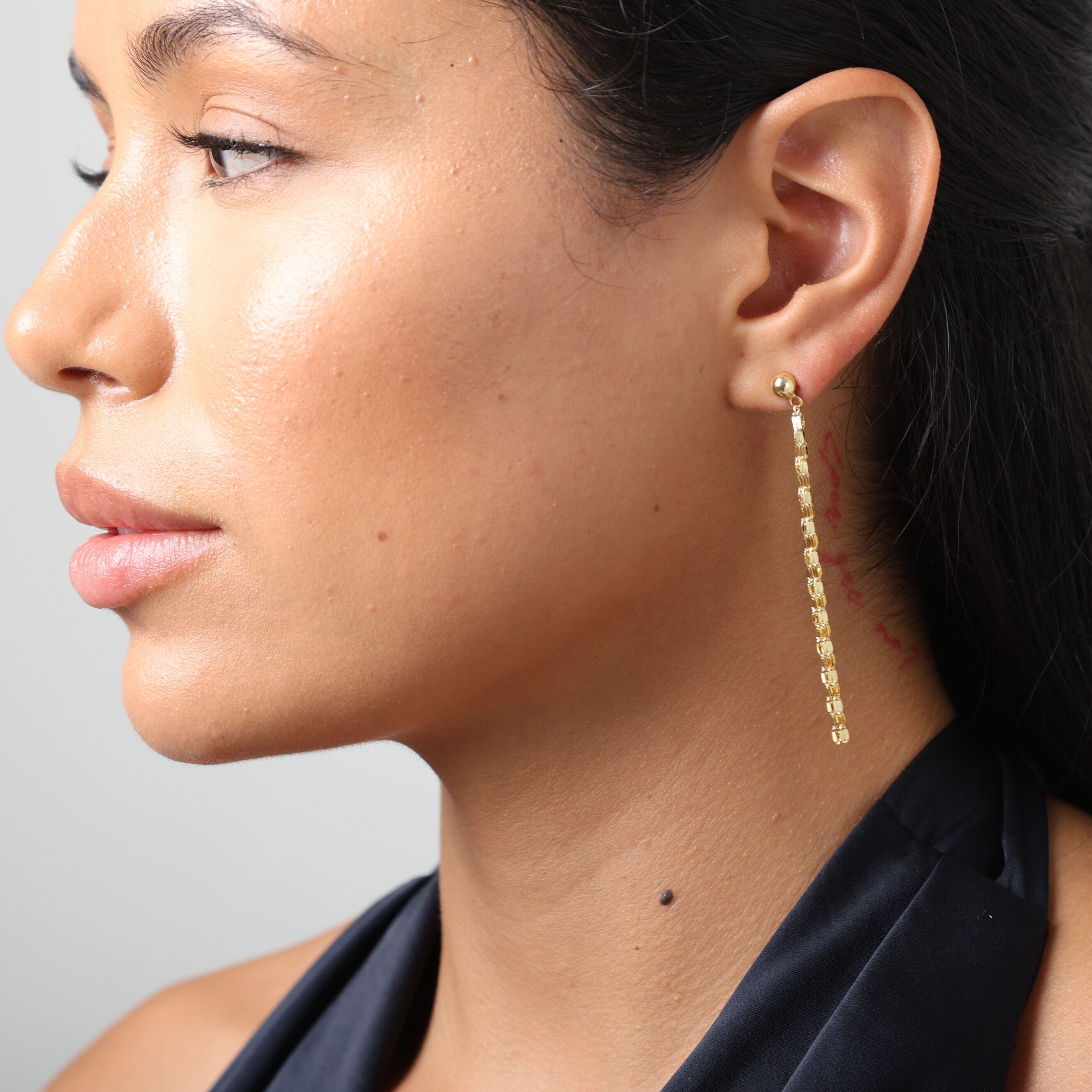 14K Gold Long Mirror link Drop Chain Earrings - Five Thin Chain Drops