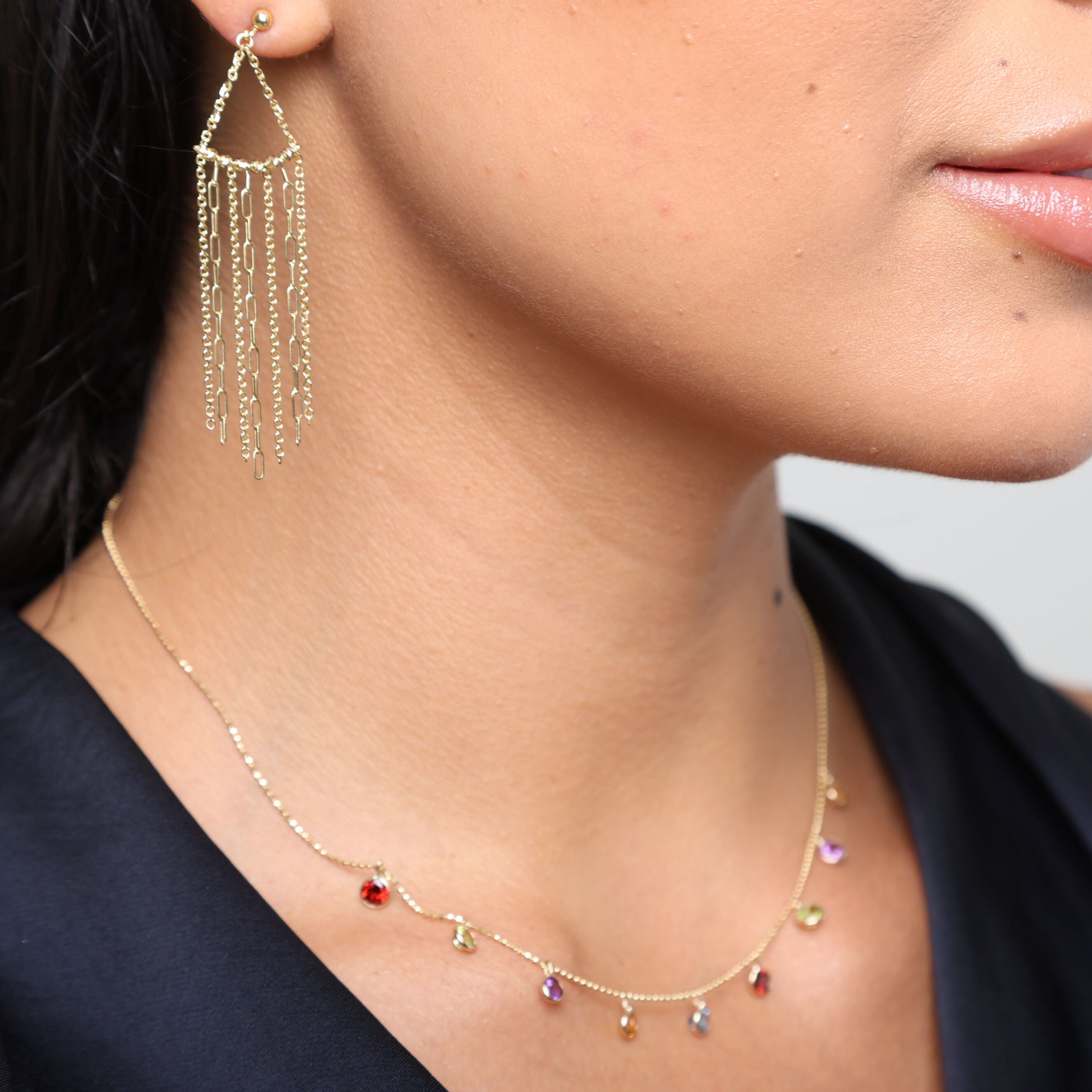 14K Gold Fringe Drop Chain Earrings: Paperclip & Cable Links