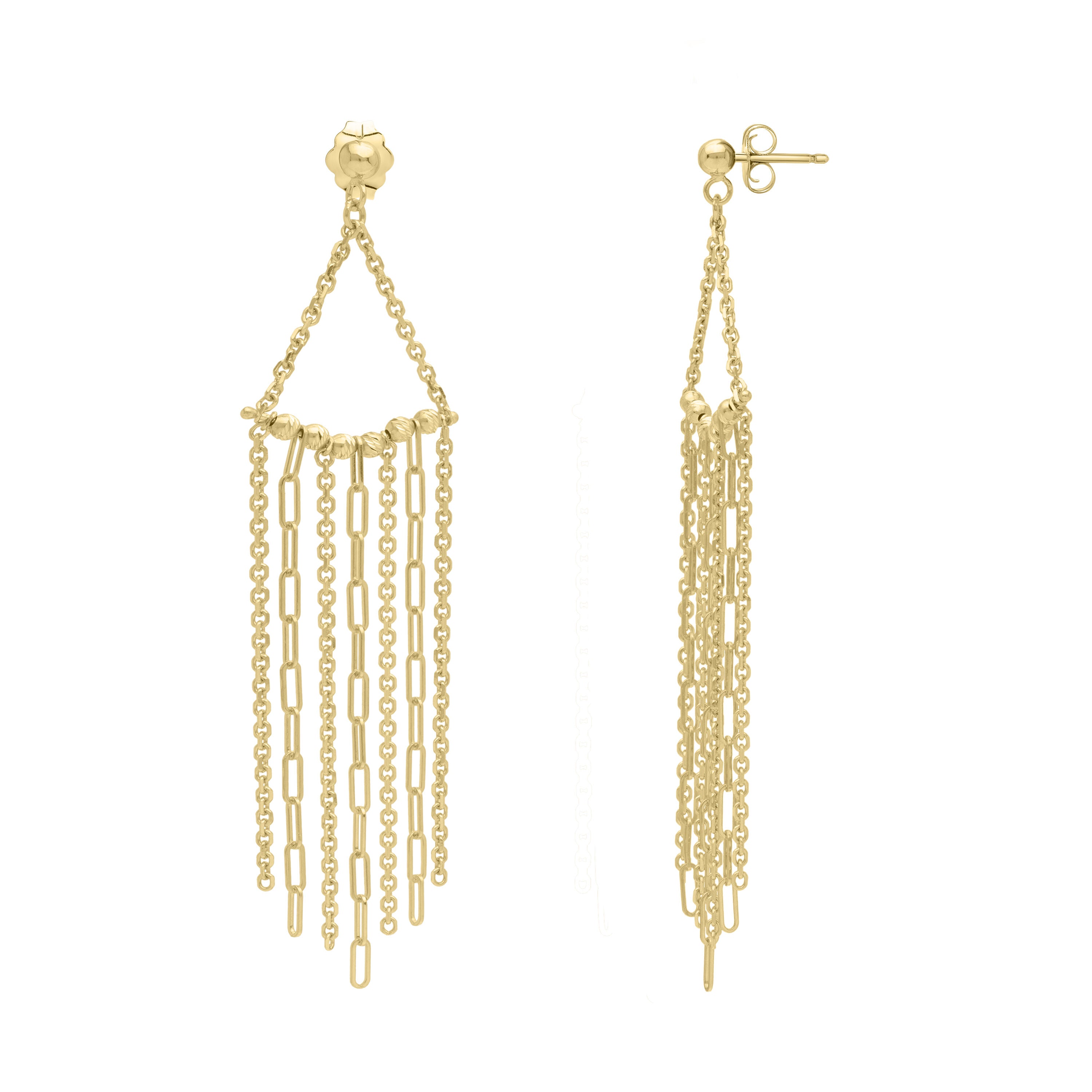 14K Gold Fringe Drop Chain Earrings: Paperclip & Cable Links