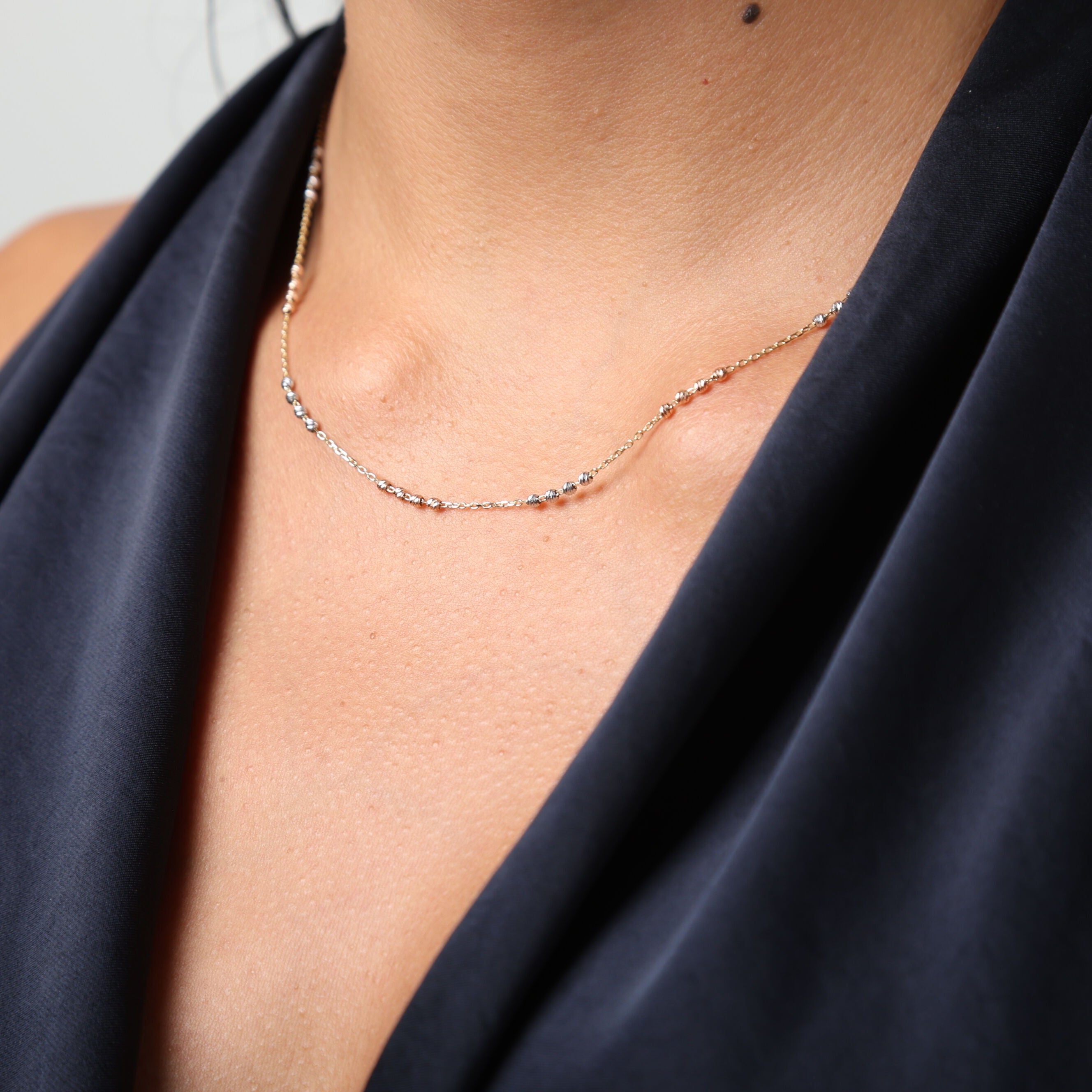 14K Tricolor Gold Dainty Bead Station Necklace: 17"